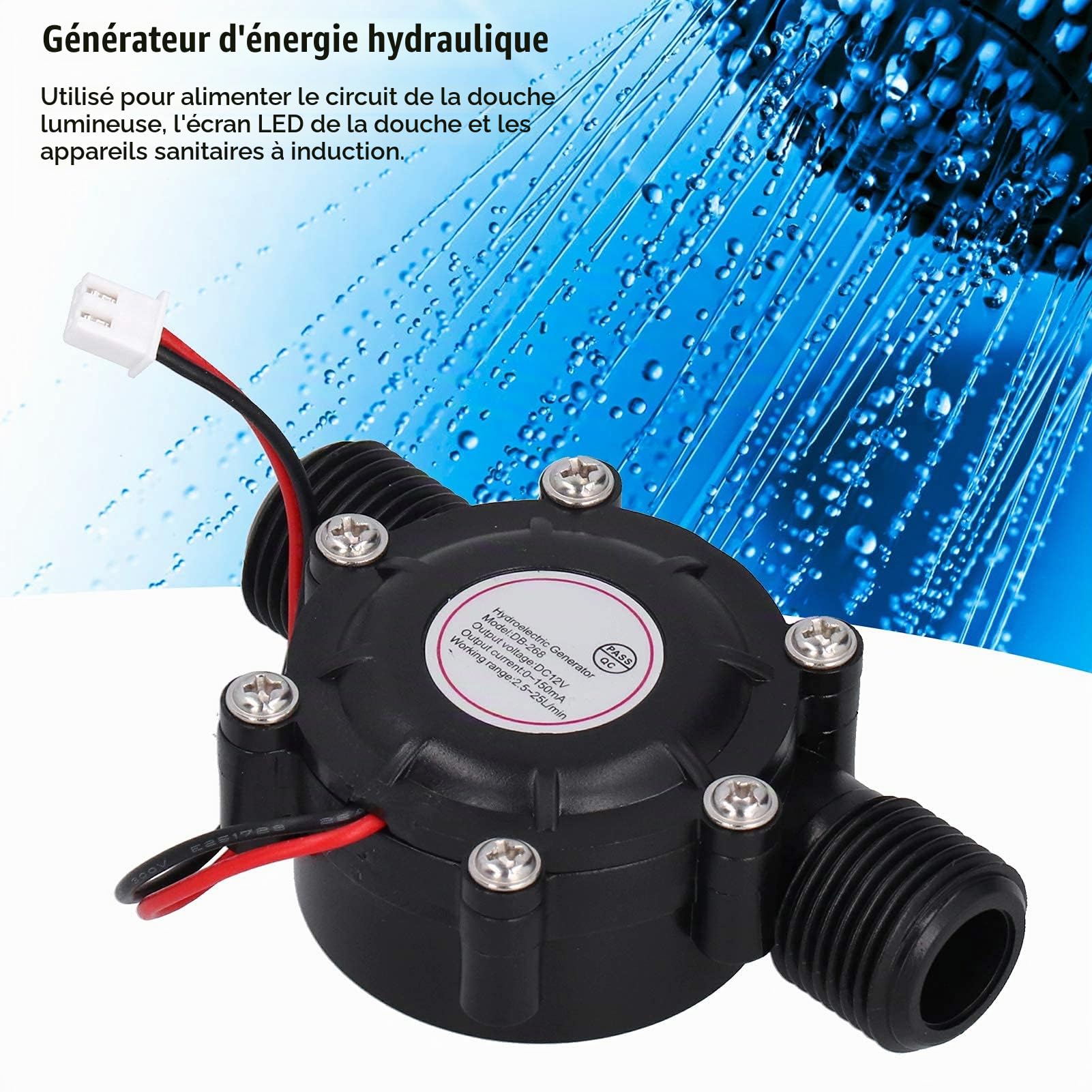 Turbine Hydraulique Générateur de Turbine à Eau DB-268, DC 12V Micro-turbine hydraulique Générateur d'eauAvec Filetage Mâle G1/2in, Pour Douche Lumineuse, éCran de Douche LED