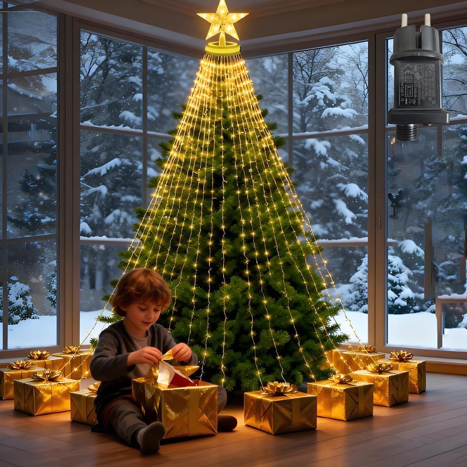 Luci per albero di Natale 12 fili 2,5 m 300 LED con anello, luci per albero di Natale impermeabili IP65 8 modalità per esterni e interni, bianco caldo