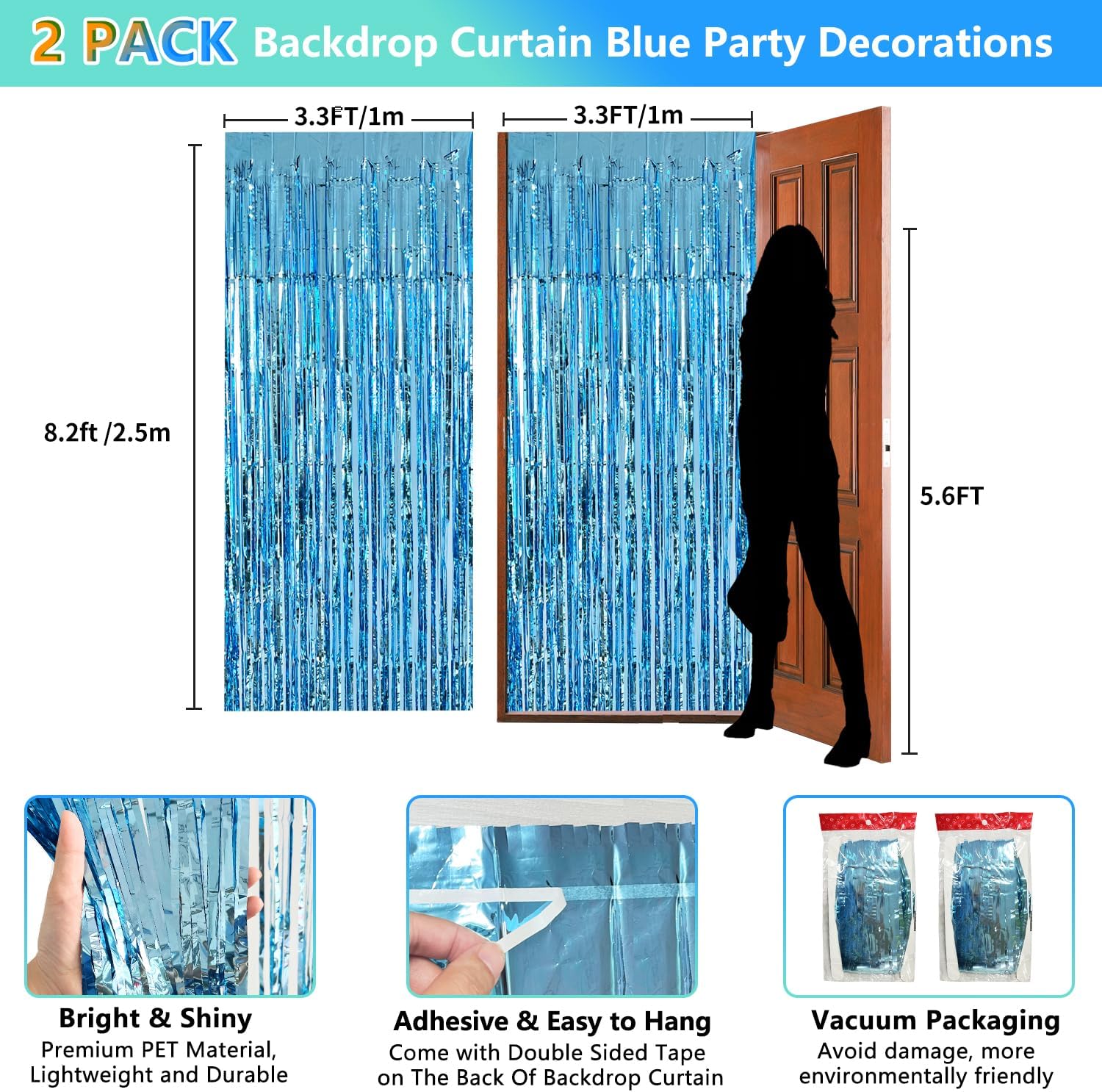 Blue Streamers Party Decorations 3.3x8.2ft 2 Pack Light Blue Tinsel Foil Fringe Curtain Backdrop Ocean Themed Party Decor Photo Booth Props for Birthday Baby Shower Bachelorette Door Hanging Wedding image 2