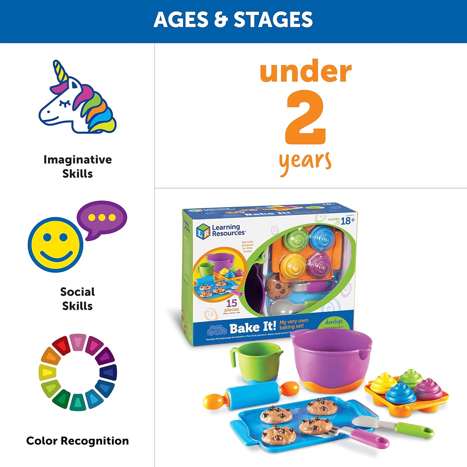 Learning Resources New Sprouts Bake It 15 Pieces, Ages 18 and Up months Pretend Play Food for Toddlers, Toddler Toys, Baking Supplies for Kids