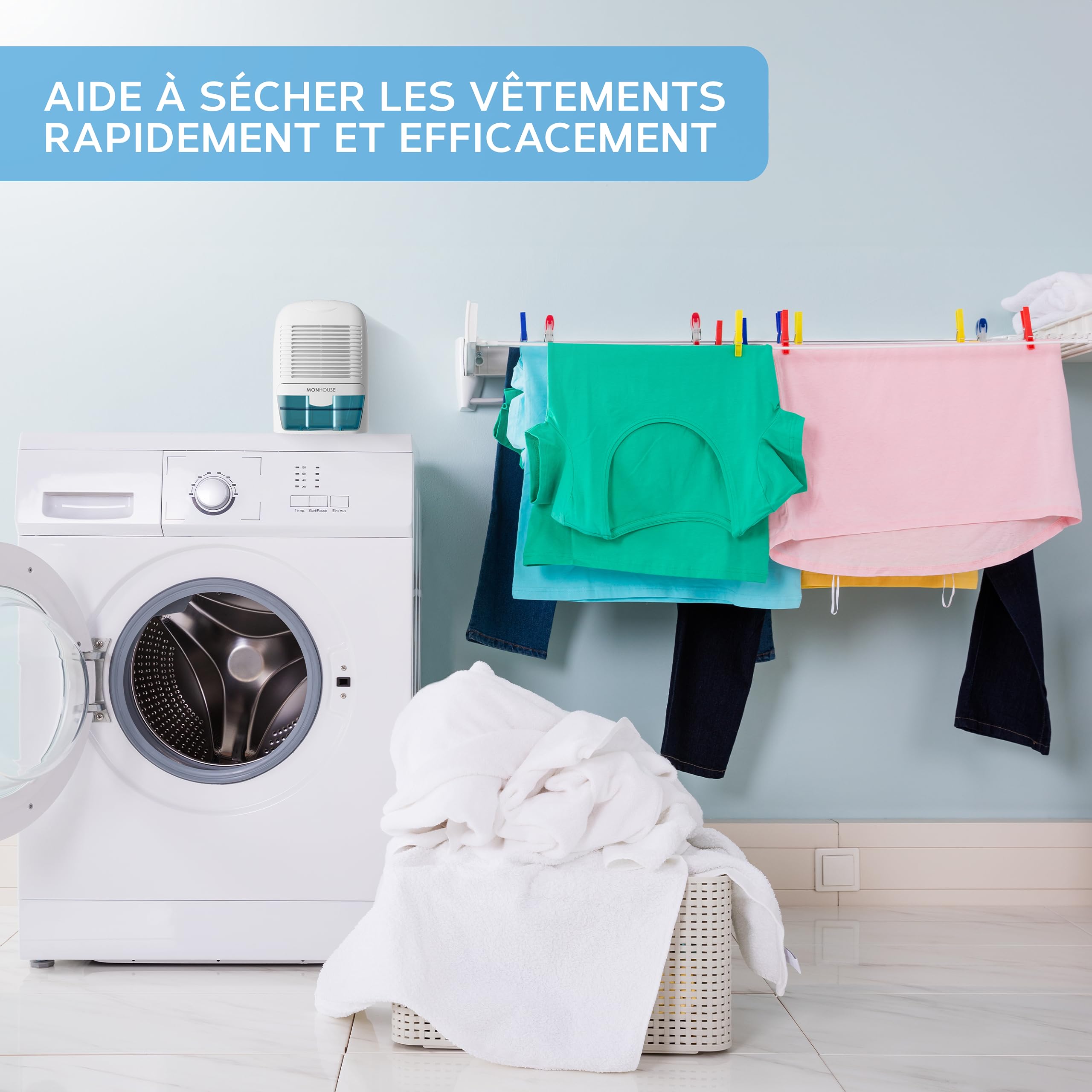 MONHOUSE Deshumidificateur 1500 Ml Absorbeur D humidite Portable - Mini Deshumidificateur D air Pour La Maison, La Chambre A Coucher, La Voiture, Le Bureau - Demoulant electrique - Blanc Et Bleu