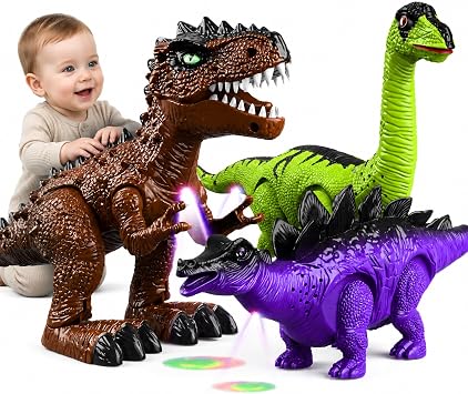Walking Dinosaur Toys for Kids 3-5 4-7 8-12 Years 3-Pack, Dinosaurs Figures with Lights & Roaring Sound, T-Rex, Stegosaurus, Brachiosaurus Toy, Dino Set Birthday Gift for Boys Girls