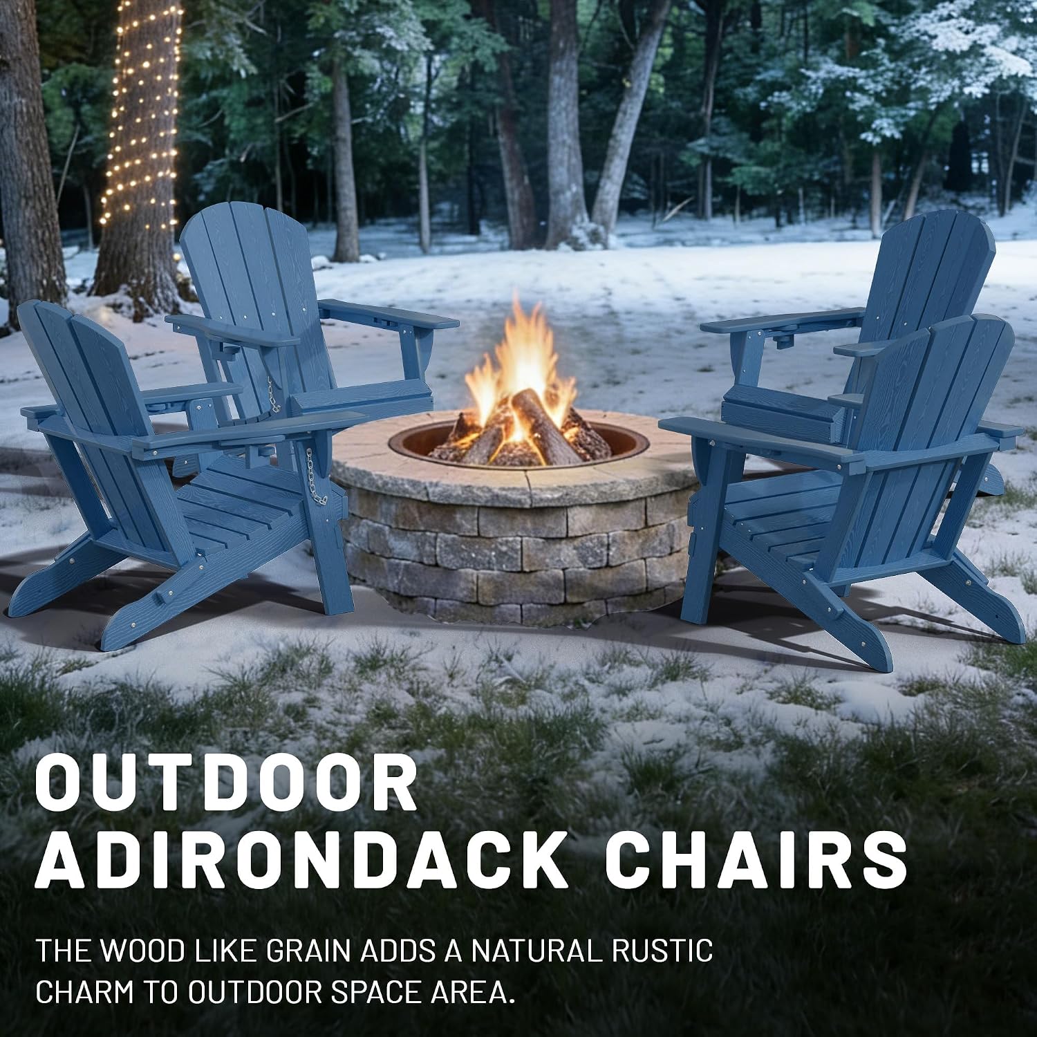 PLUUV Folding Adirondack Chair Outdoor, Oversized HDPE Patio Chair with 2 Cup Holders, 380 LBS Capacity, All-Weather Weather Resistant Fire Pit Chair for Backyard, Deck, Lawn, Navy