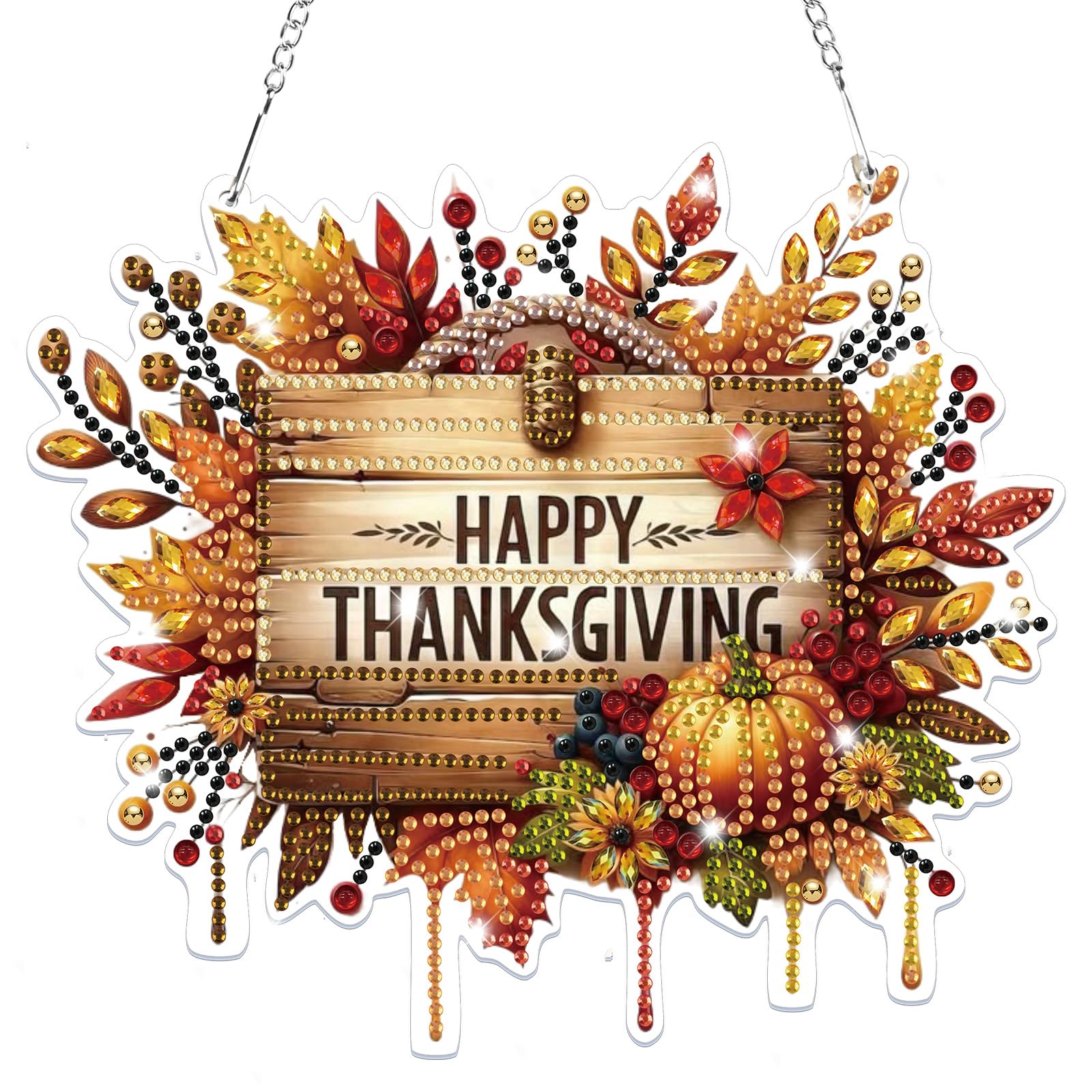 Lxmsja Thanksgiving Diamond Art Hanging Ornaments with Chain for Adults Kids, Special Shaped Fall Diamond Painting Pendant Kits, Hanging Crystal Suncatcher Gem Art Kits for Home Door Wall Decor