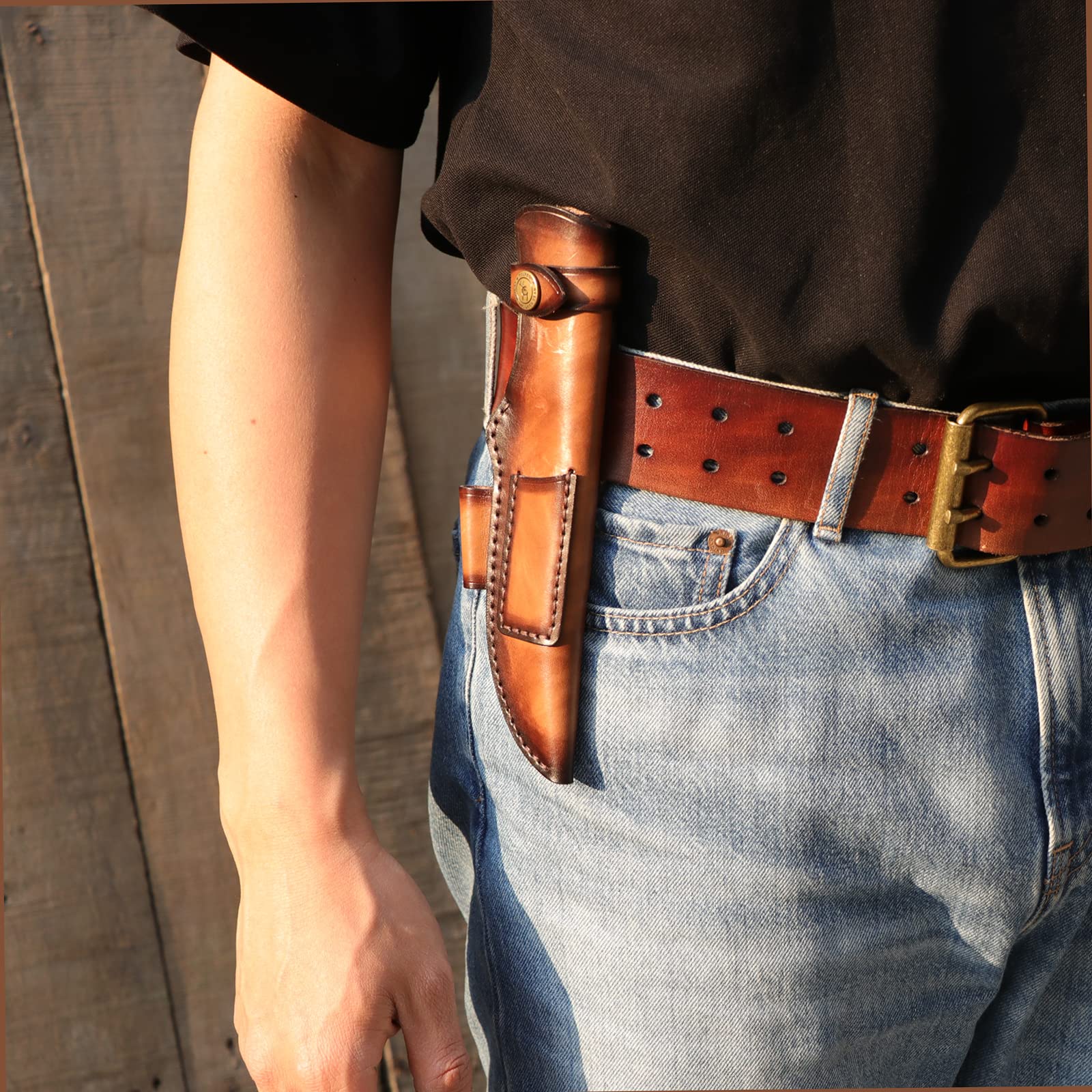 TOURBON Fodero per coltello in vera pelle fatto a mano con supporto per accendifuoco per Bushcraft da caccia in campeggio