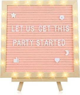 Light up Letter Board with LED Lights - 10in × 10in Felt Changeable Message Board with Frame Letters for Halloween Wedding Party Home Fall Decorations Housewarming Gifts, Pink