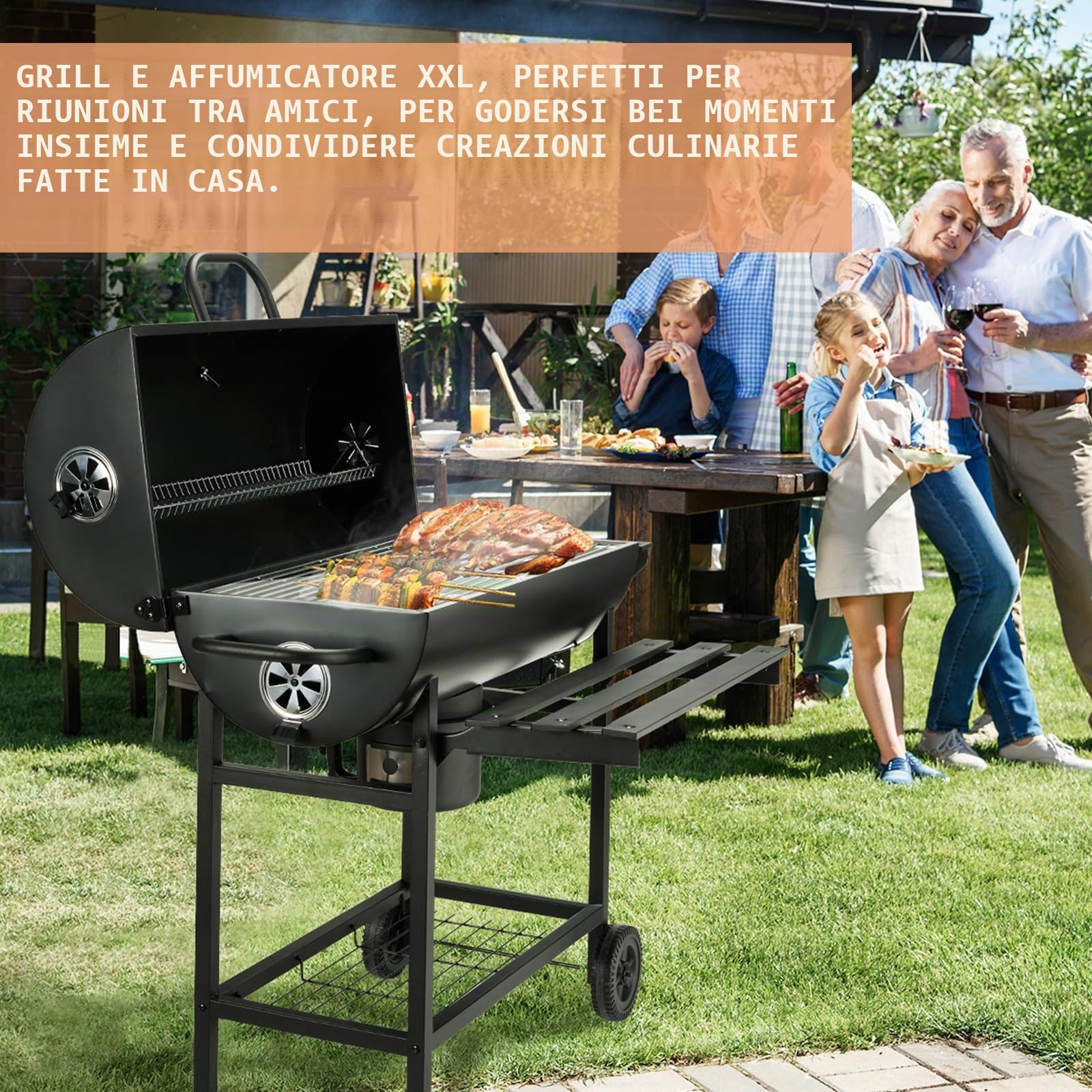 TEENO Carrello per barbecue in legno,Grill XXL a carbone con coperchio, termometro,Cassetto per cenere,Guanti antiscottature, Svento regolabile,Grande barbecue al carbone di legna (Basic)