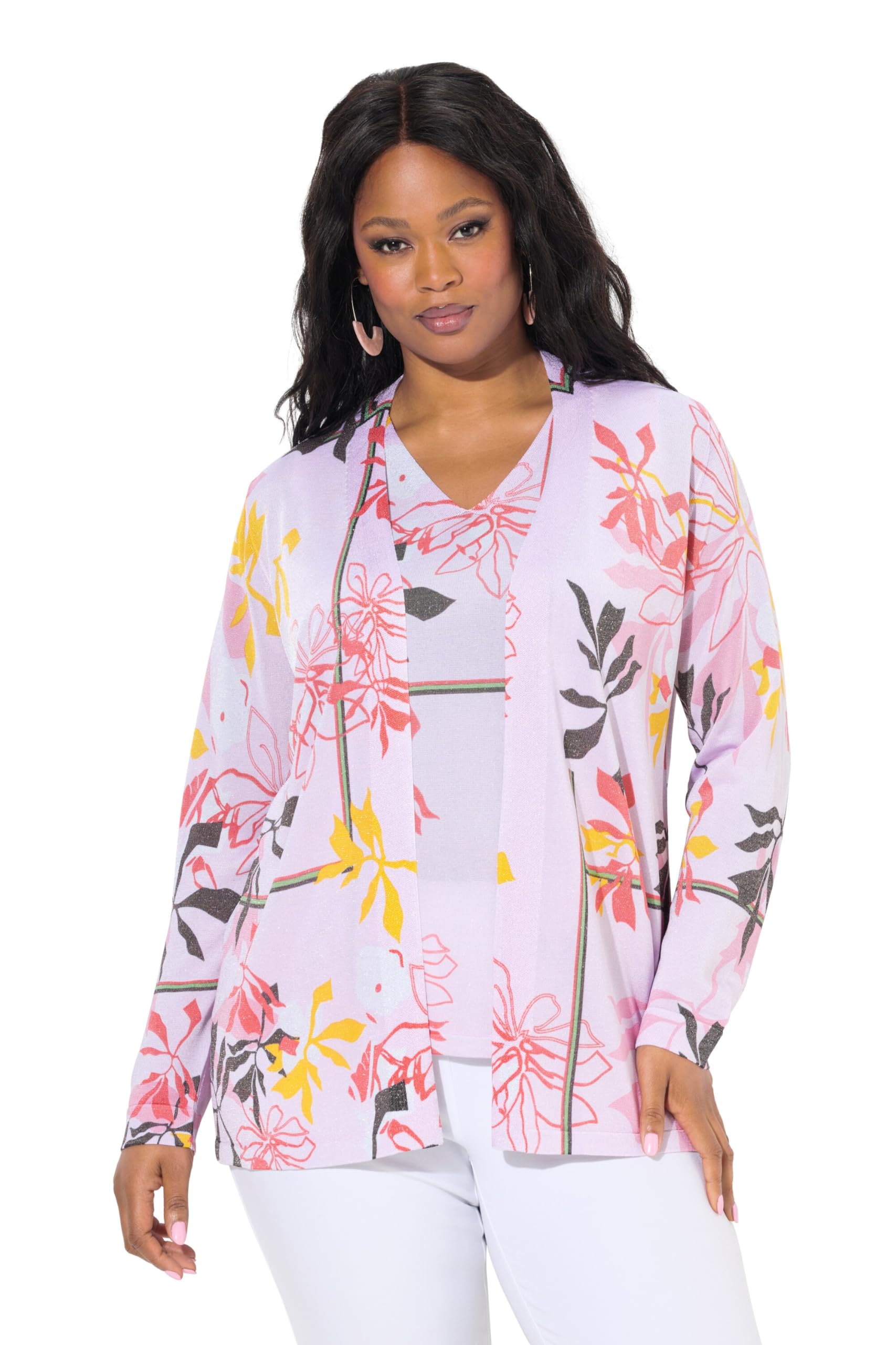 Ulla Popken Damen große Größen Übergrößen Plus Size Strickjacke, florales Design, ohne Verschluss, Langarm 837775