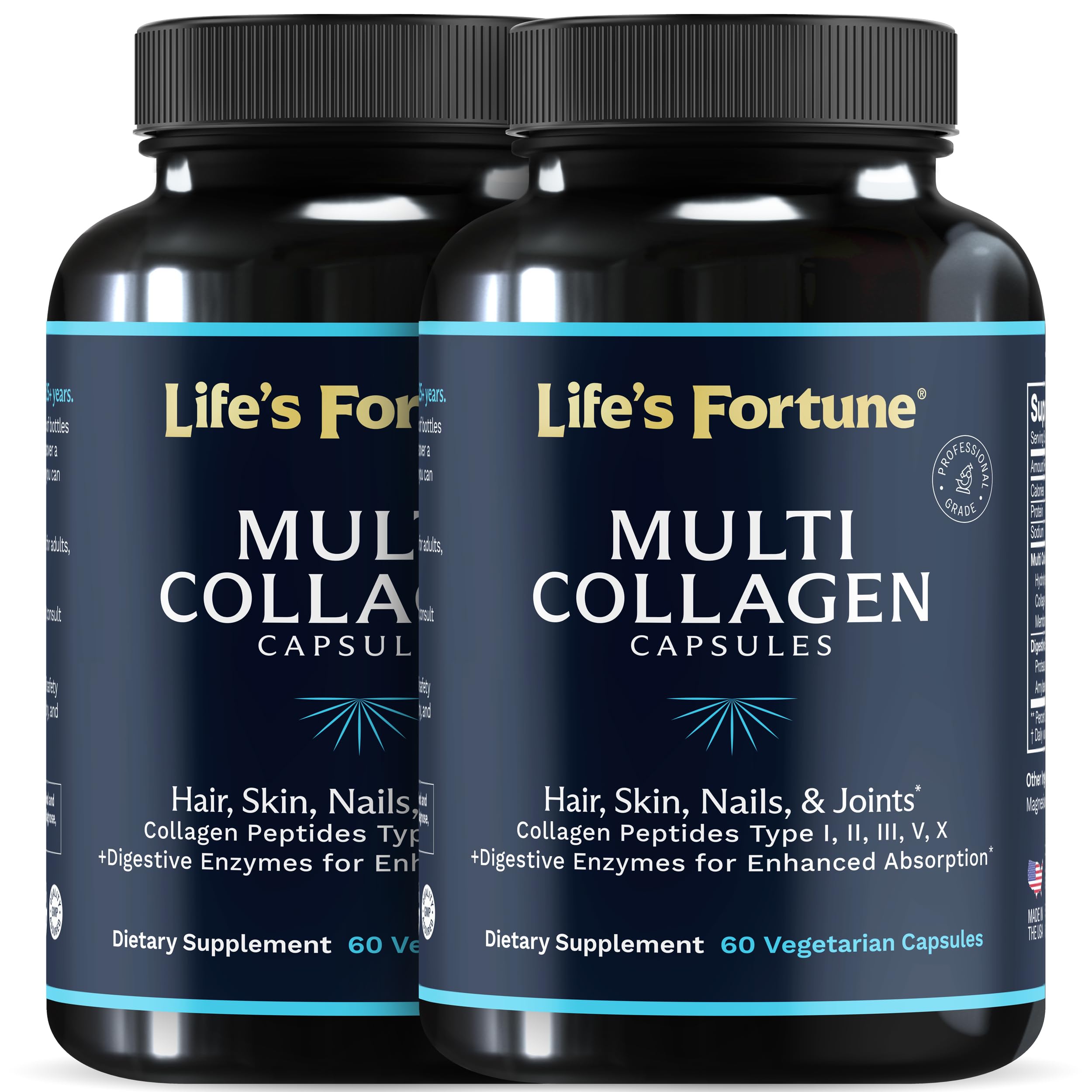 Multi Collagen Peptides Types I, II, III, V & X Hydrolyzed Protein Capsules – Grass-Fed, Blend with Digestive Enzyme – for Skin, Hair, Nails, Joints &