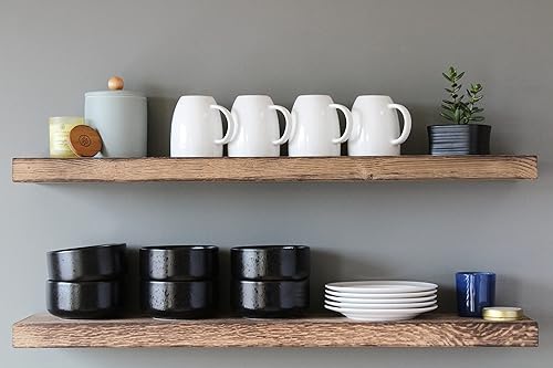 Miniatura 7 de Urban Legacy Accent - Estantes flotantes  Madera dura de roble con acabado antorchado y soportes flotantes  Juego de 2 (36 x 7 x 2 pulgadas, roble