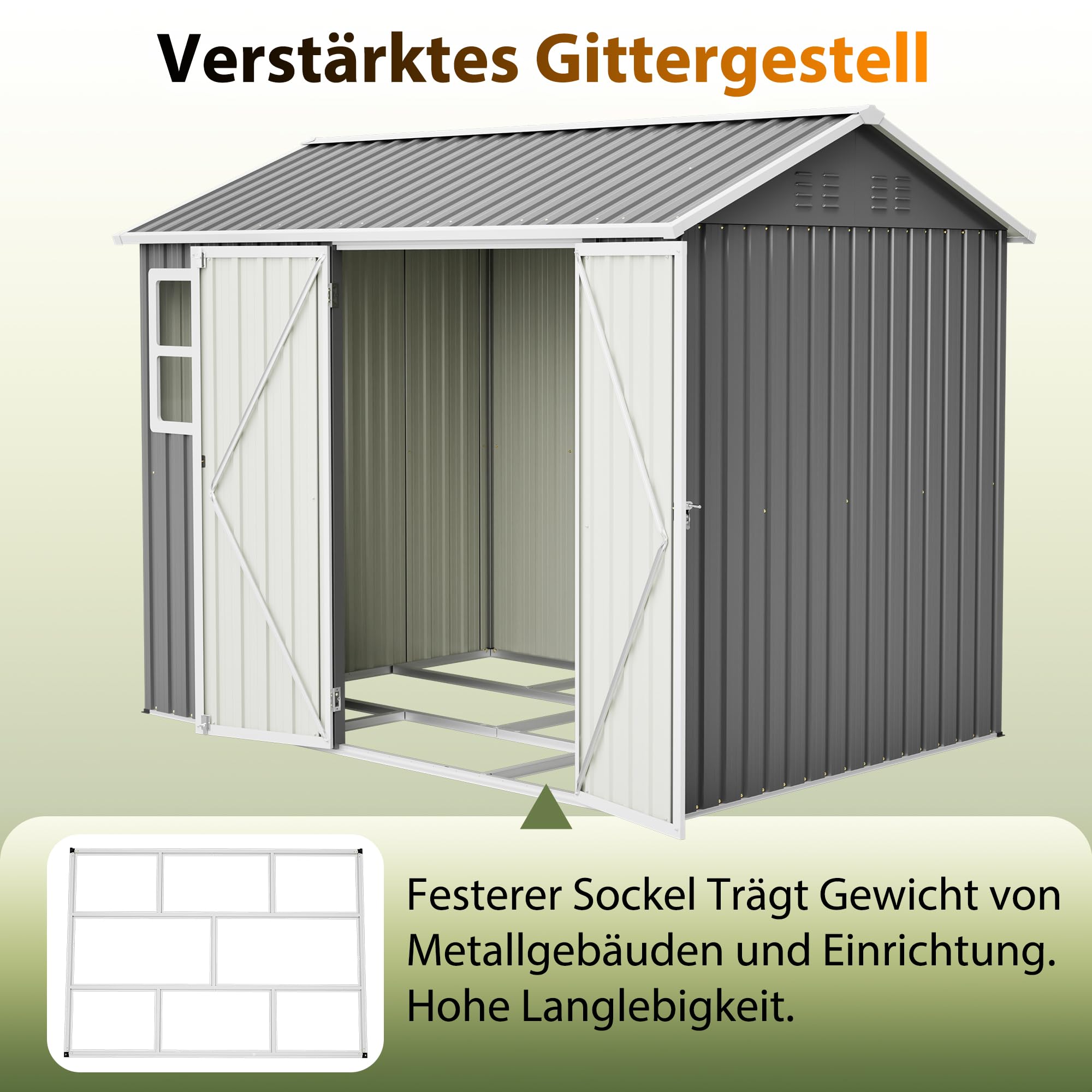 Gartenhaus Metall 239x170x201 cm Gerätehaus mit Fenster Satteldach Fundament Wetterfester Gartenschuppen Grau