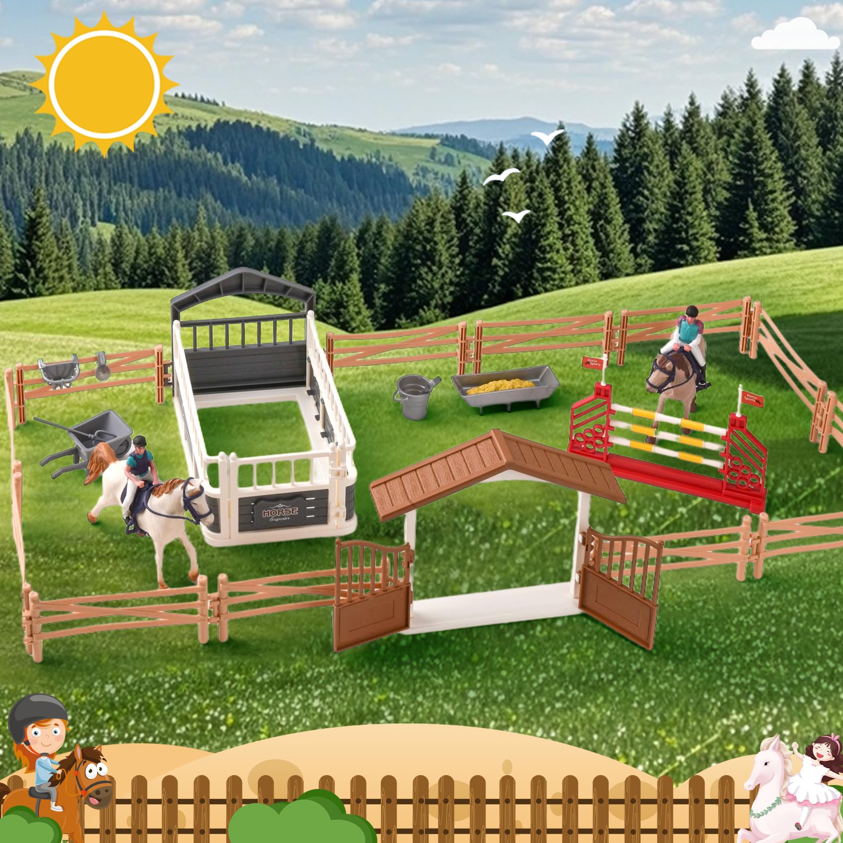 DAOUZL – Club Du Cheval – Set De 49 Pièces Avec écurie, Figurines De Chevaux, Cavalier, Obstacles – Cadeau Pour Enfant 5-12 Ans – LED