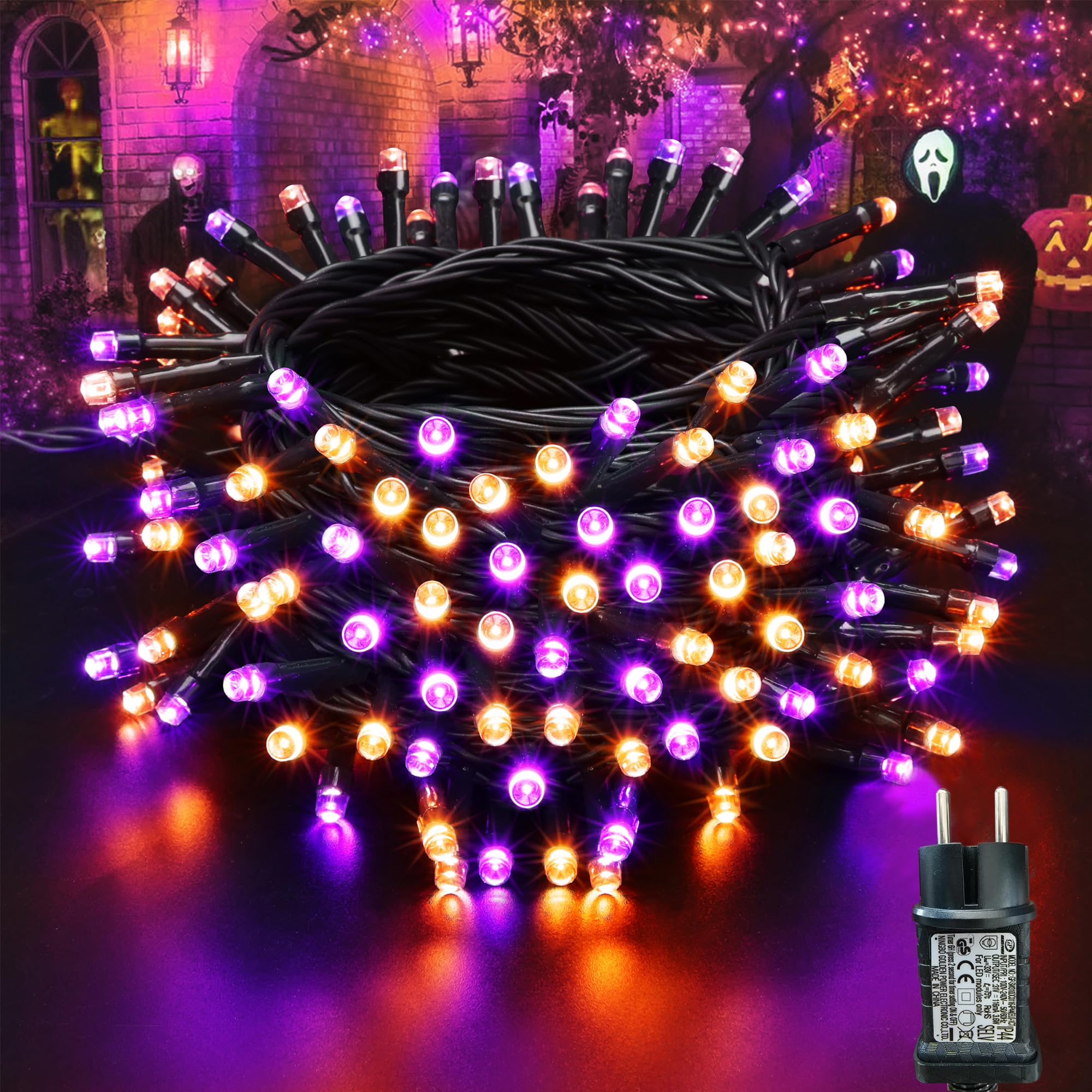 Moxled Halloween Deko Outdoor, 15M 100 LED Lichterkette Außen Strom mit Memory Funktion, 12 Modi Wasserdicht Halloween Lichterkette Lila Orange für Innen Garten Party Dekoration