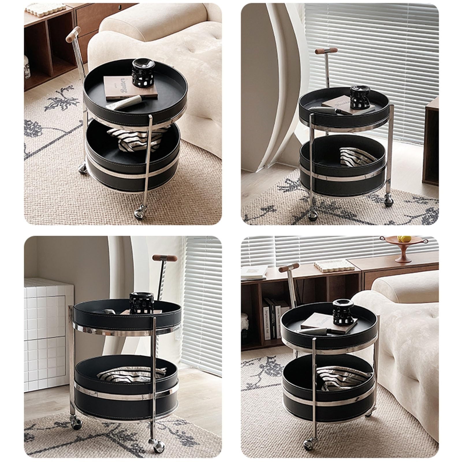 Mesa Auxiliar Redonda de 2 Niveles, Mesa de Centro para sofá con asa y Ruedas, Acabado en Cuero Color Silla de Montar, mesita de Noche, para Sala de Estar o Dormitorio (marrón).