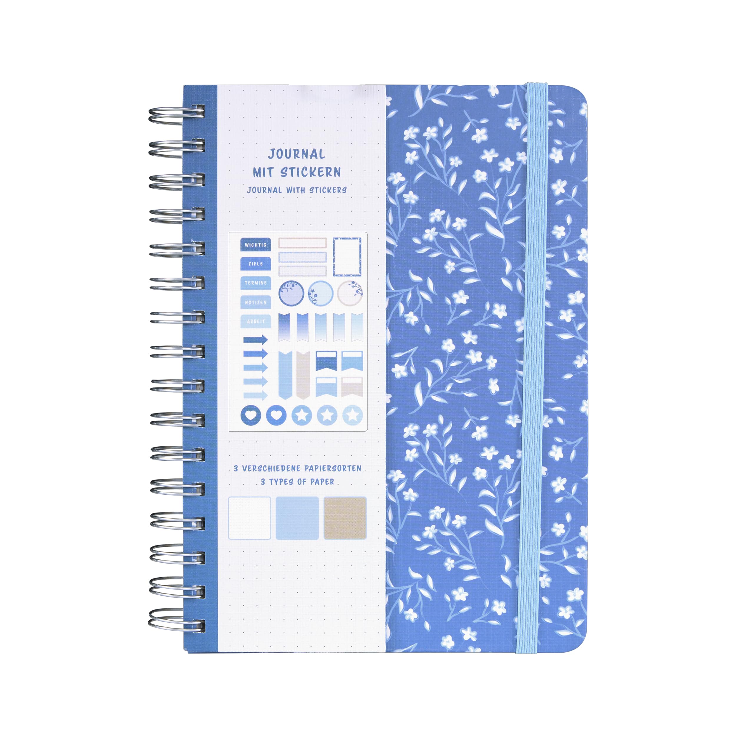Idena 11366 Notebook A5 with 66 Stickers, Blue, Journal with 78 Pages, 120 g/m², 3 Different Types of Paper, Polka Dots, with Inner Pocket and Elastic Band, FSC Mix