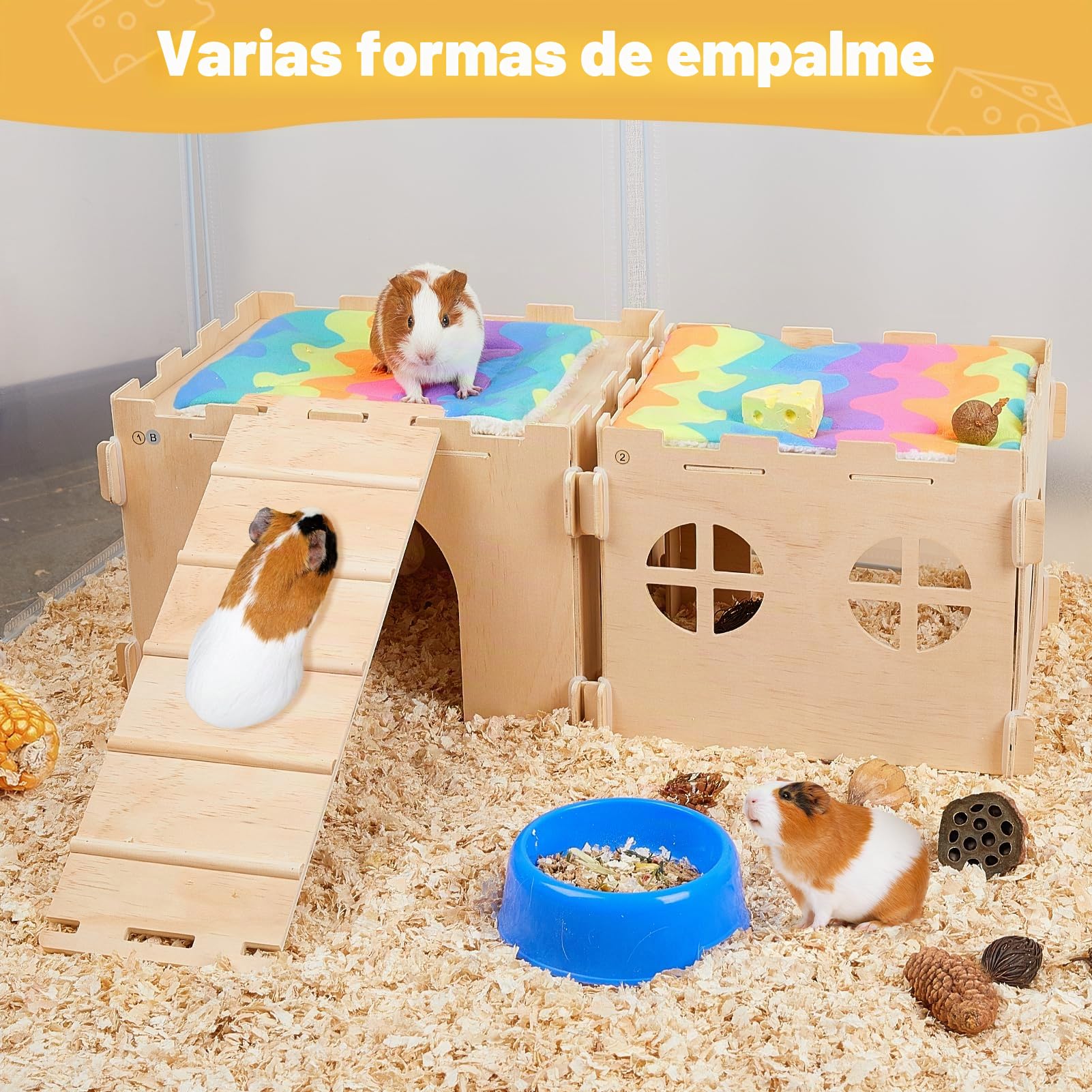 Casita de Madera para Cobayas, Casa Refugio para Pequeños Animales con Rampa y Varias Puertas