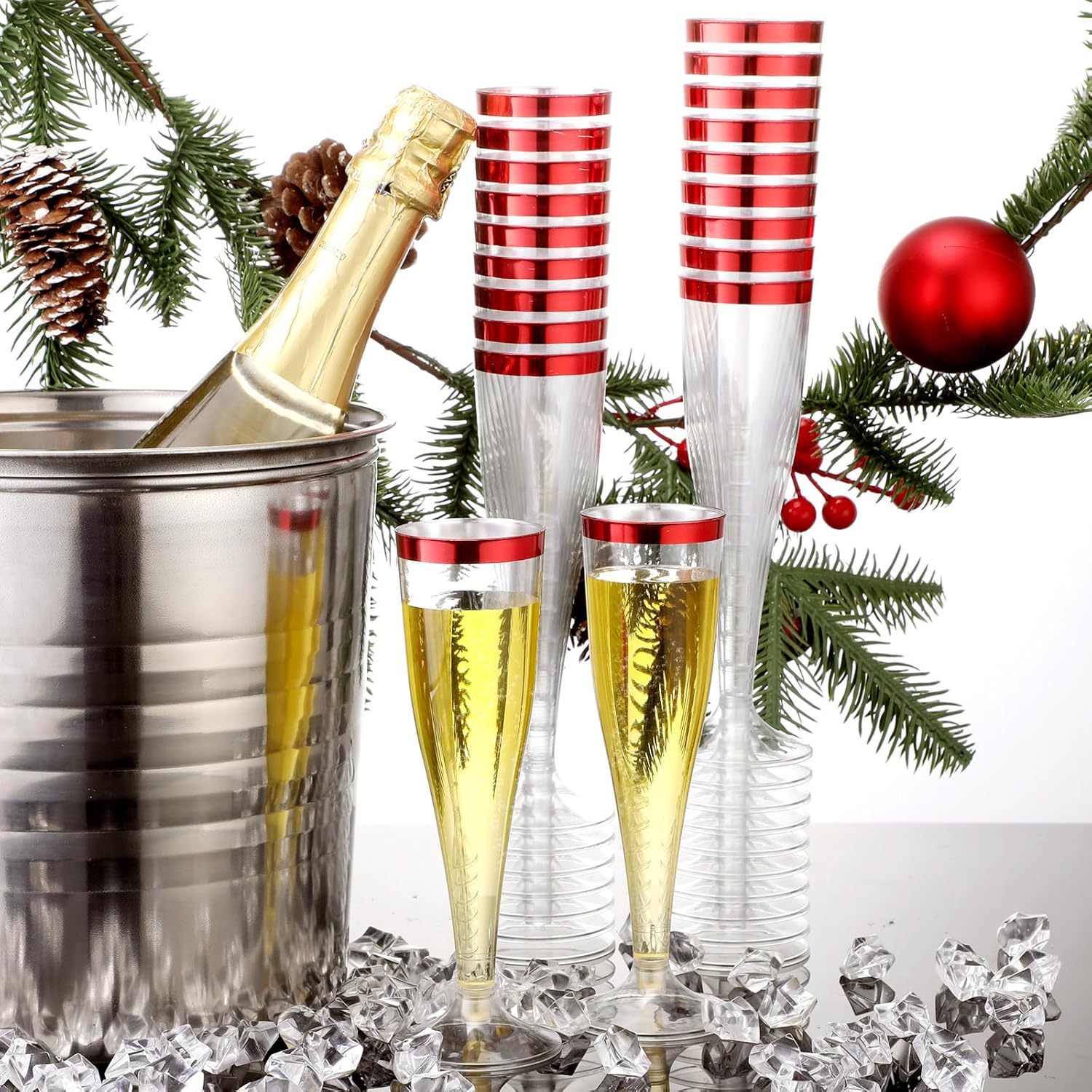 Zubebe 100 Pcs Plastic Champagne Flutes 4.5oz Classic Champagne Clear Plastic Cups Wedding Party Toasting Cocktail Cups Bulk Home Toasting Drinking Party(Red)