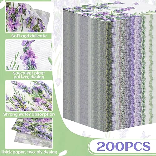 Miniatura 6 de Geyoga 200 servilletas de lavanda de 2 capas de flores de lavanda moradas desechables, toallas de mano decorativas para baño, servilletas de papel