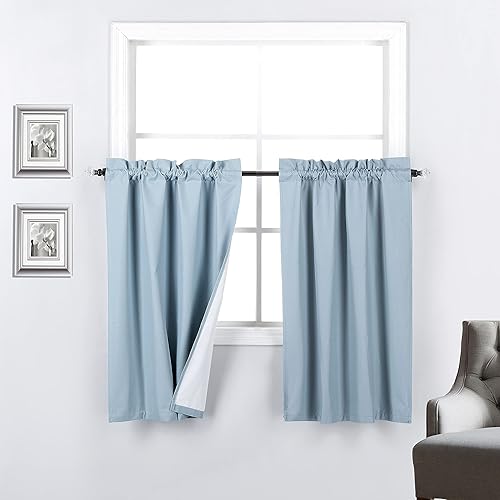 Miniatura 8 de 2 paneles de cortinas opacas con aislamiento térmico y forro trasero blanco, cortinas de bloqueo de luz para cualquier ventana pequeña (azul claro,