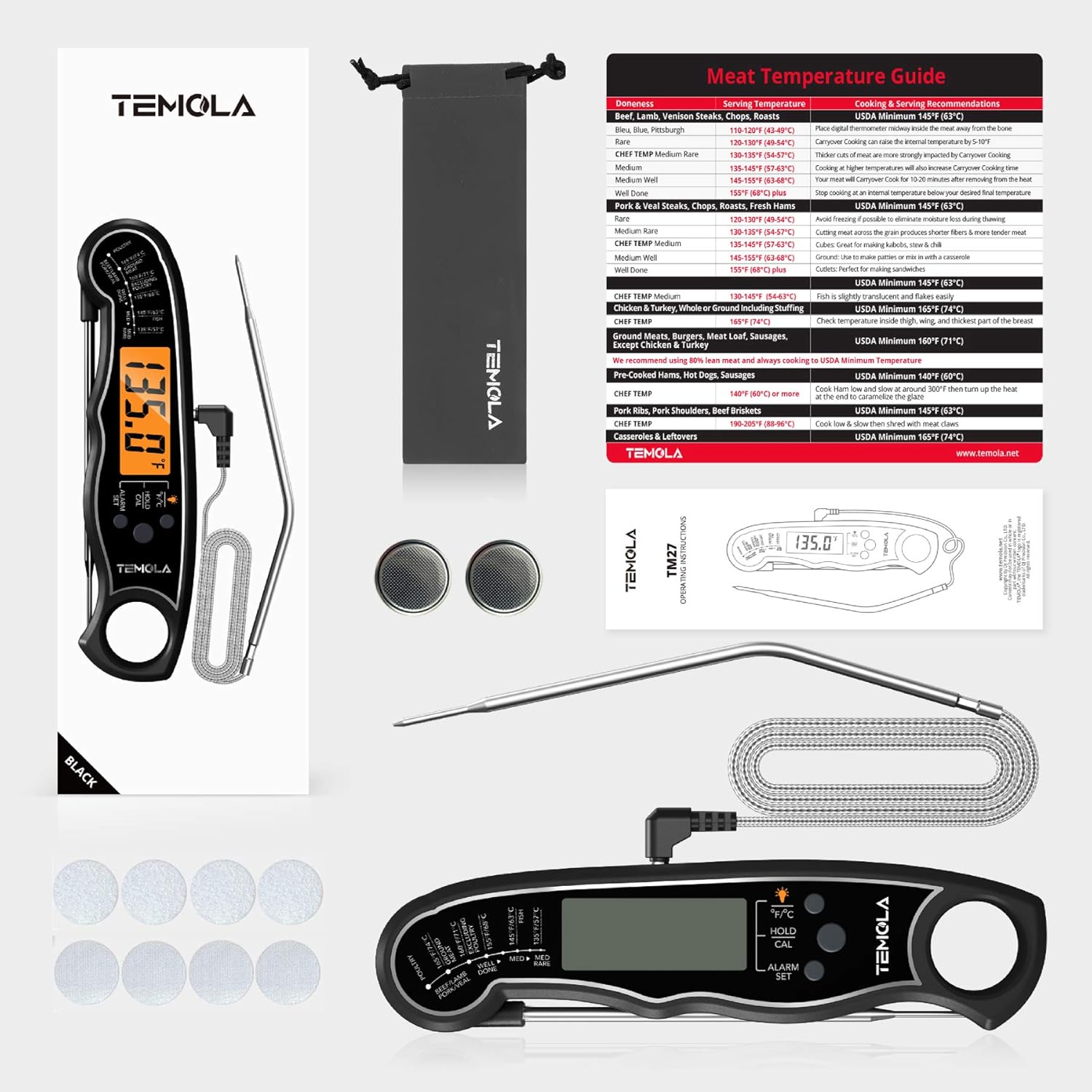 TEMOLA Meat Thermometer, Instant Read Food Thermometer for Cooking, Digital Food Thermometer with LCD Backlight for Candy Fry Grill BBQ Liquids, Kitchen Oven Safe Dual Probe 2 in 1 Thermometer Extra Probe-BK-OG