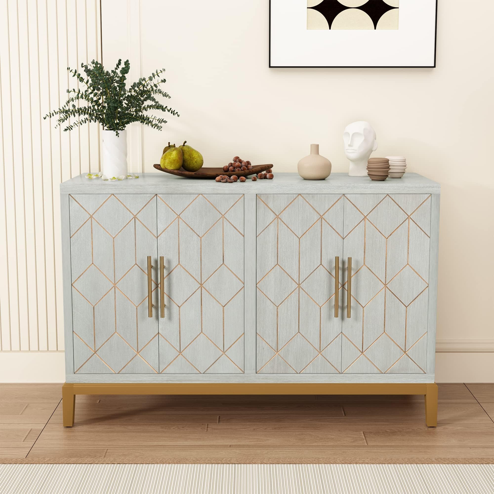 HLR 48" Accent Cabinet with 4 Doors and Shelves, Modern Credenza Storage Cabinet with Gold Trim, Green Buffet Cabinet for Living Room, Kitchen, Dining Room, Hallway