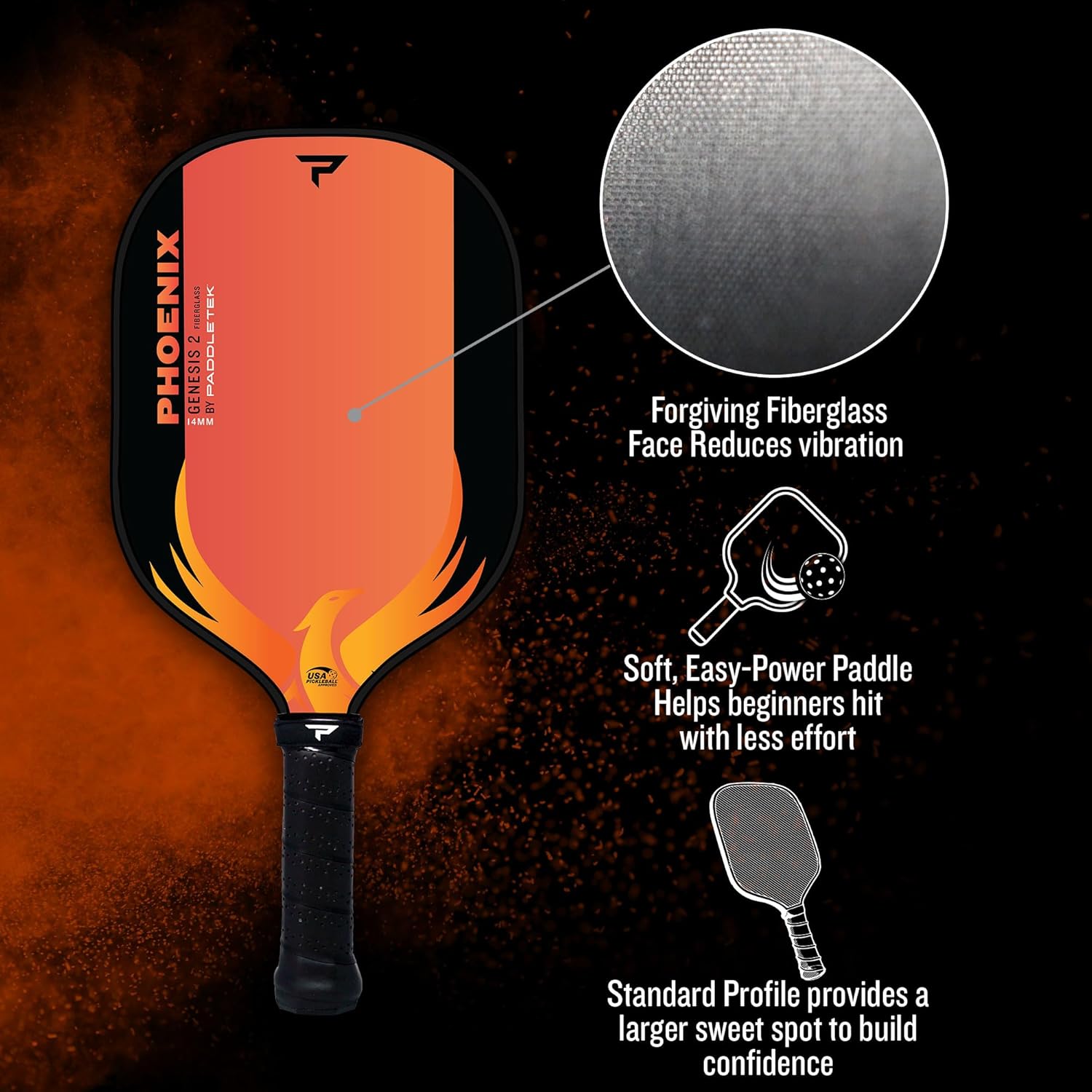 Paddletek Phoenix Genesis 2 – 14mm Pickleball Paddle – Fiberglass Composite Face – Easy Power & Soft Feel – USAPA Approved Pickle Ball Paddle – 5.25 Inch Handle