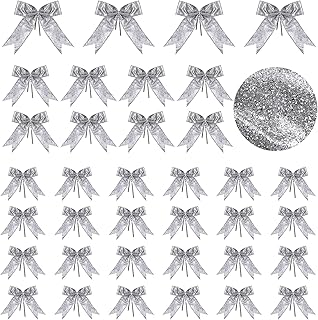 Waydress 36 Pieces Christmas Bow Decor with Twist Tie Xmas Tree Bow Ornament Glitter Ribbon Bowknot for Christmas Holiday Crafts Party Home Decoration, 3 Sizes (Silver)