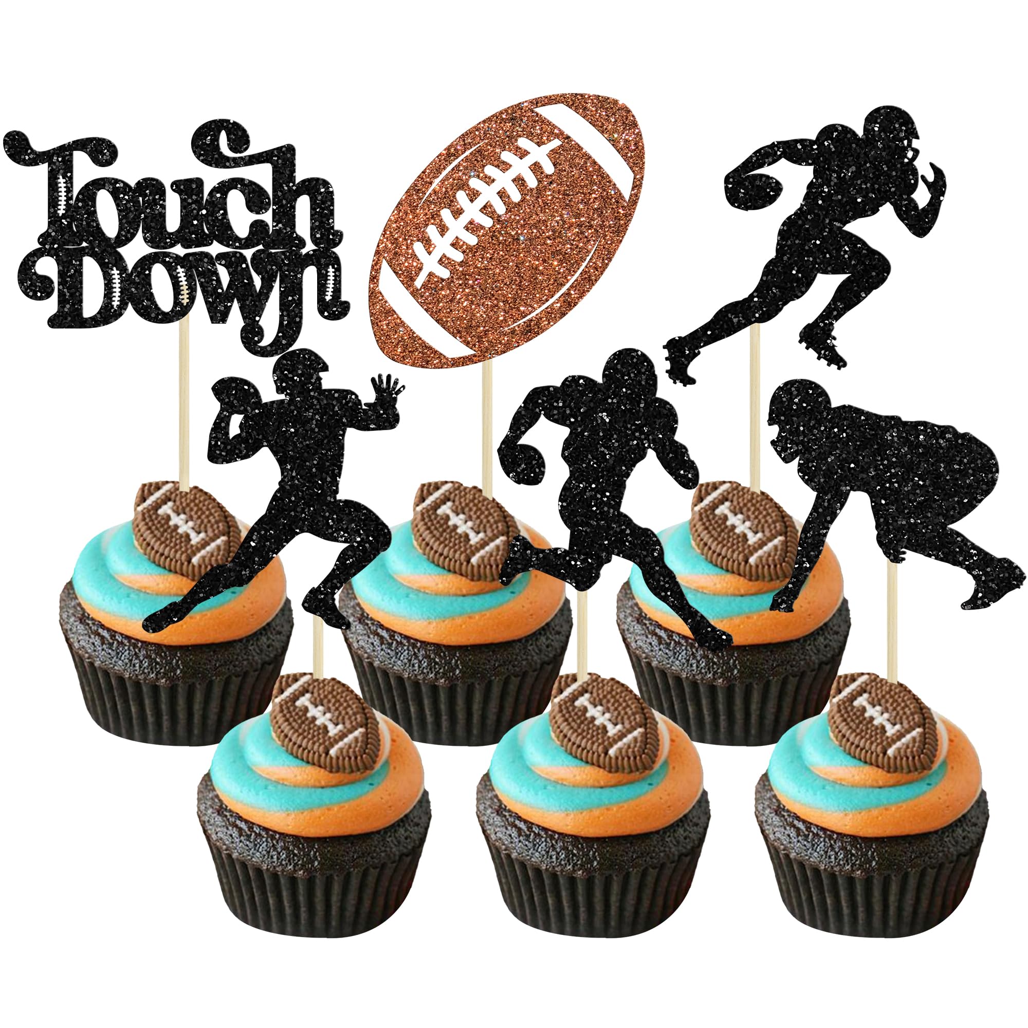 Gyufise 30Pcs American Football Cupcake Toppers Rugby Ball Cupcake Picks Touchdown Player Cake Decorations for Rugby Sports Theme Baby Shower Kids Birthday Party Supplies Black Brown