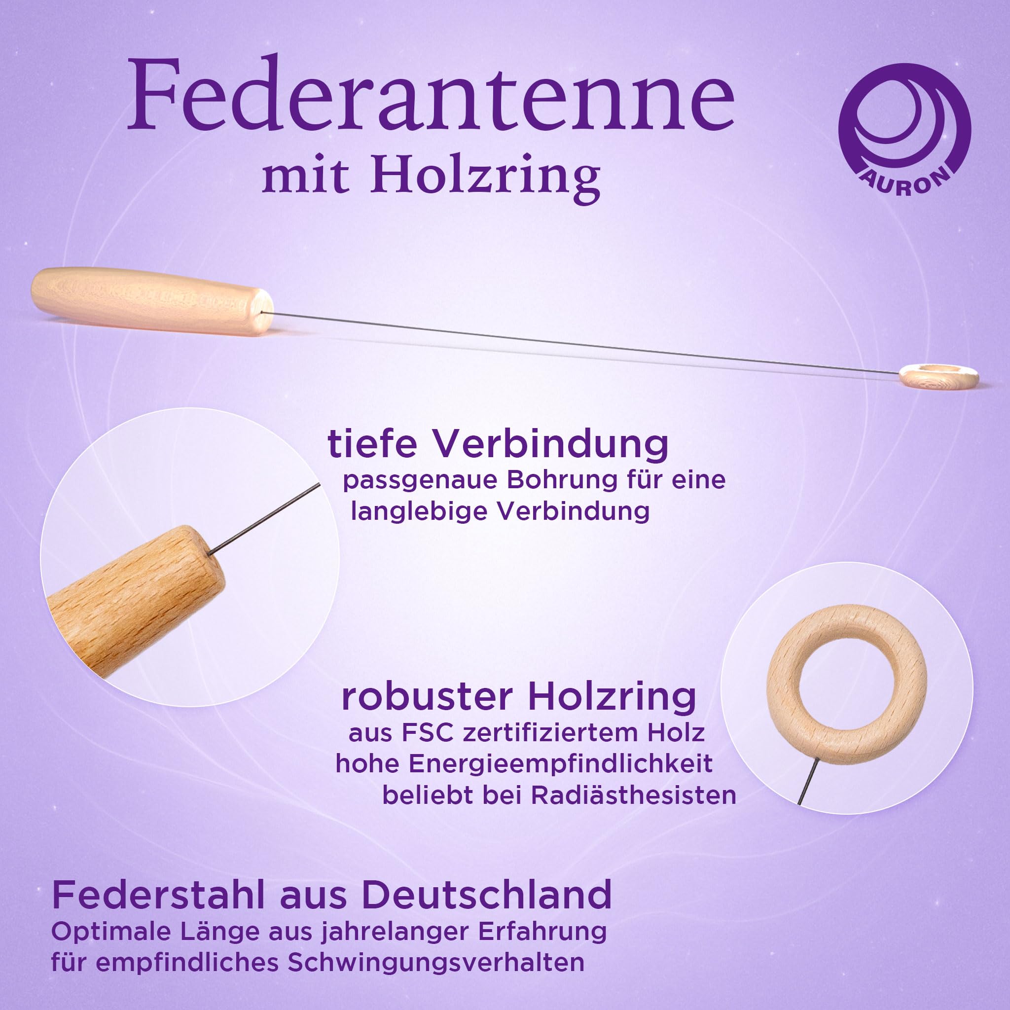 AURON Tensor Einhandrute Holzgriff mit Holzring, robust und sensibel, 43cm, 29g, inkl Transportrolle und Anleitung, Handgefertigt in Deutschland