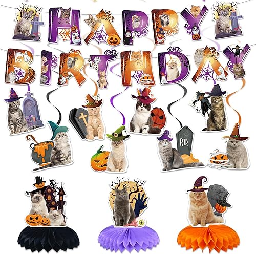 Suministros para fiesta de cumpleaños de gatos de Halloween, decoraciones de fiesta de cumpleaños de gato, incluye 1 pancarta de cumpleaños, 3