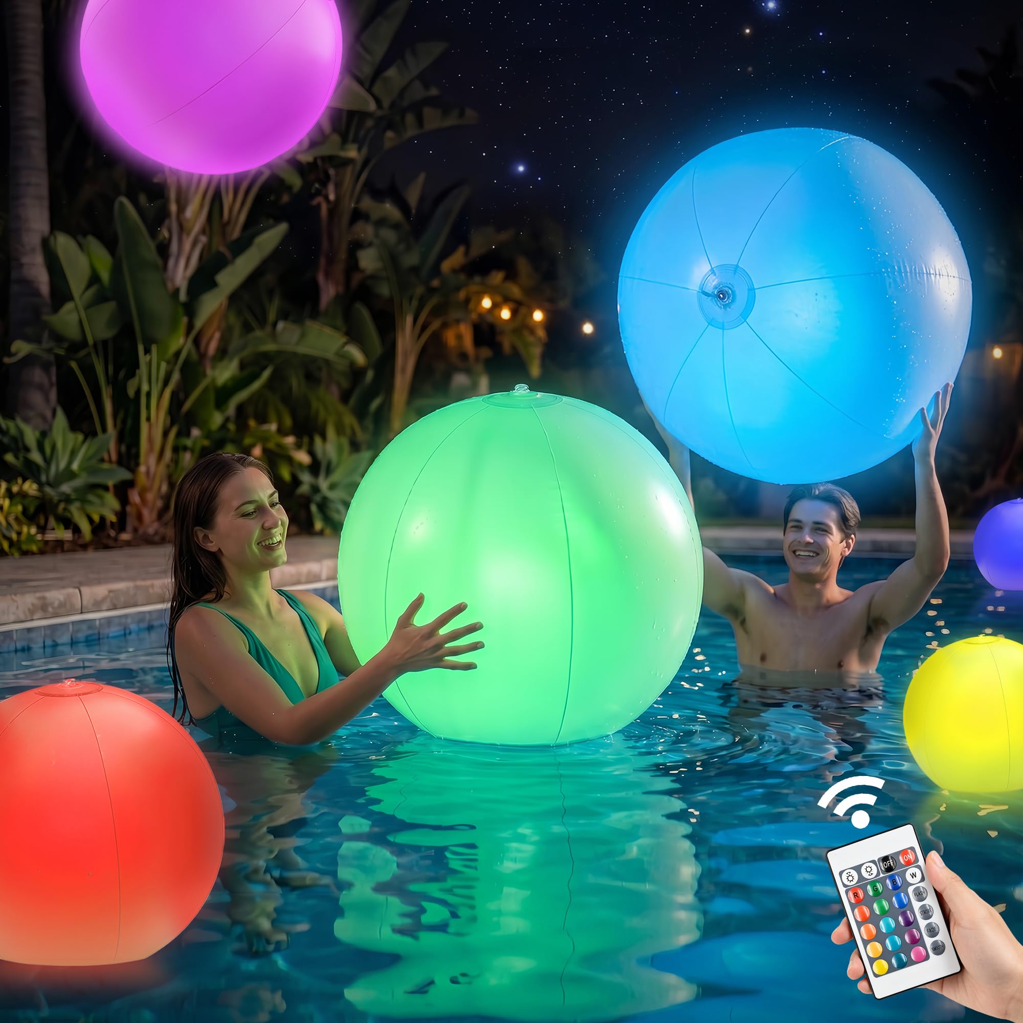 4-Pack 16” LED Light-Up Beach Balls, Glow-in-The-Dark Floating Pool Toys with 16 Colors, 4 Modes & Remote, Inflatable Fun for Kids Adults,Pool Parties Beach Games Backyard Events & Nighttime Decor