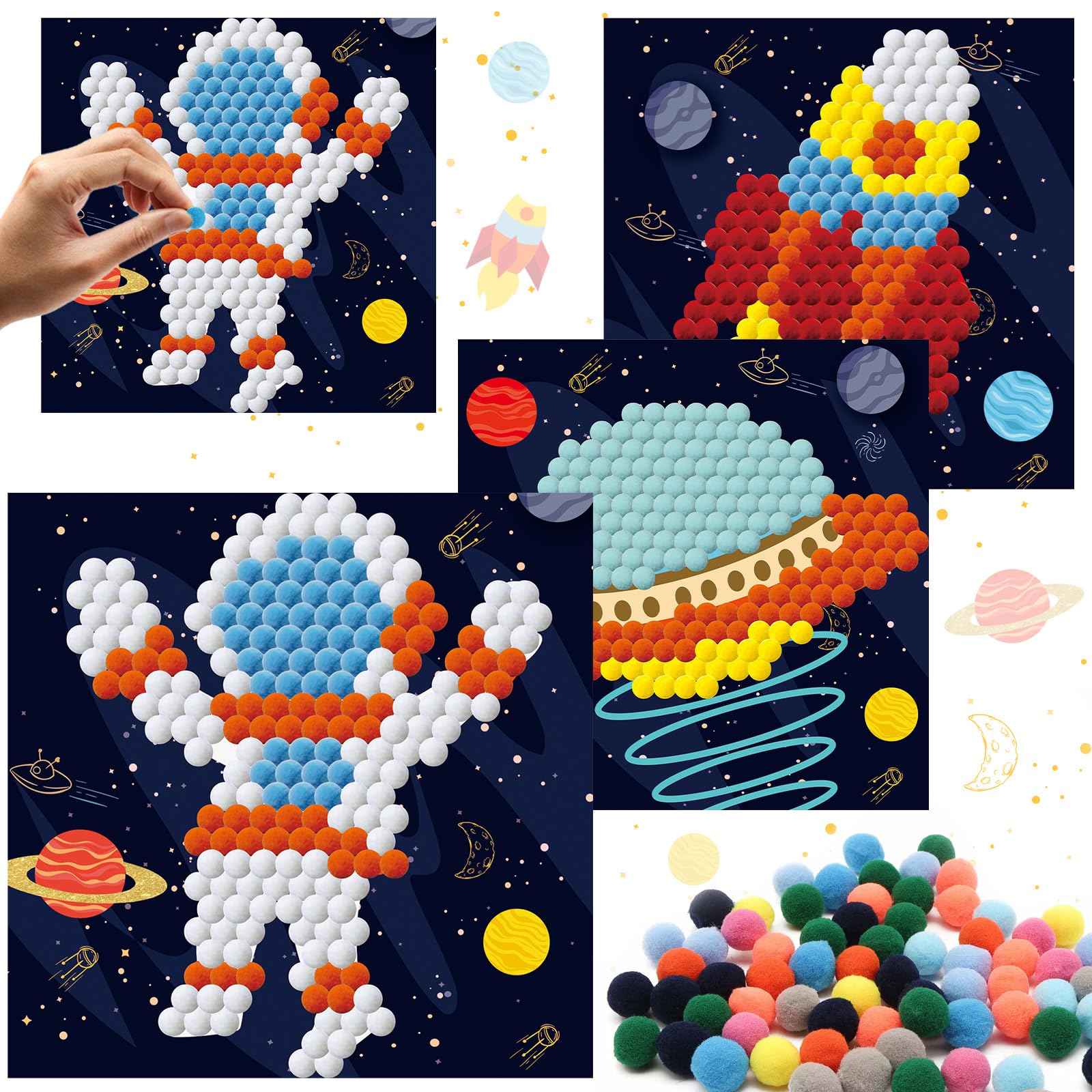 Outer Space Theme DIY Pom Pom Art Set for Kids Age 3-6 Years Old 3 Pieces - Fun Arts and Crafts, Sensory Activity Creativity Birthday Christmas Gift Includes 3 Patterns