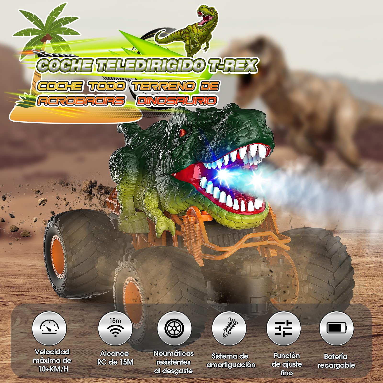 HappyGoLucky Coche Teledirigido, Monster Truck Juguetes Niños 3-10 Años Coches para Niños Juegos Regalo Niño 4-12 Años Dinosaurios Juguetes Regalo Cumpleaños Niños, Regalo Navidad Niño