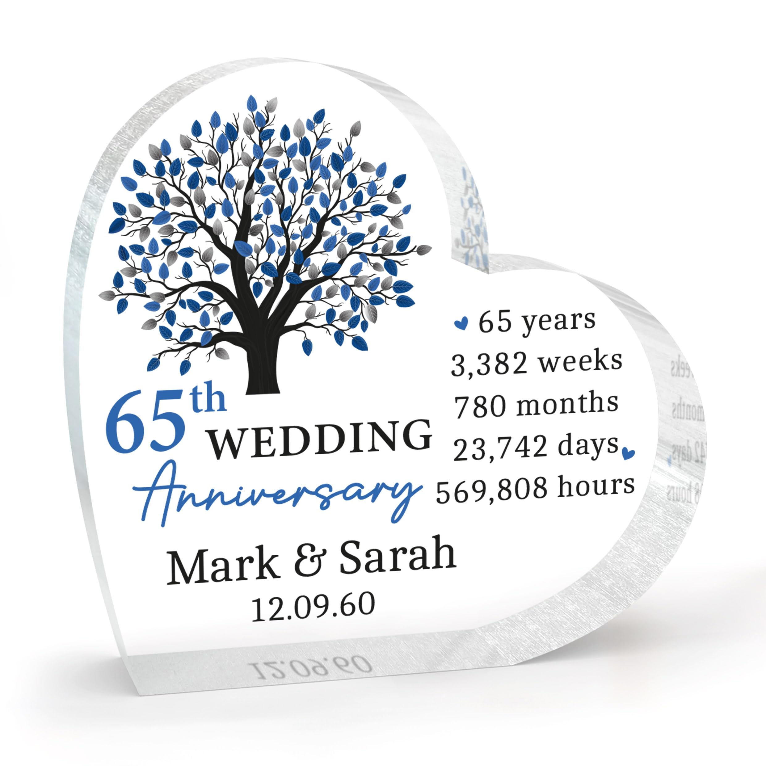 Beecreative Personalised 65th - Clear Acrylic Heart Plaque - Blue Sapphire Anniversary Keepsake For Mum And Dad - With Grey Bag
