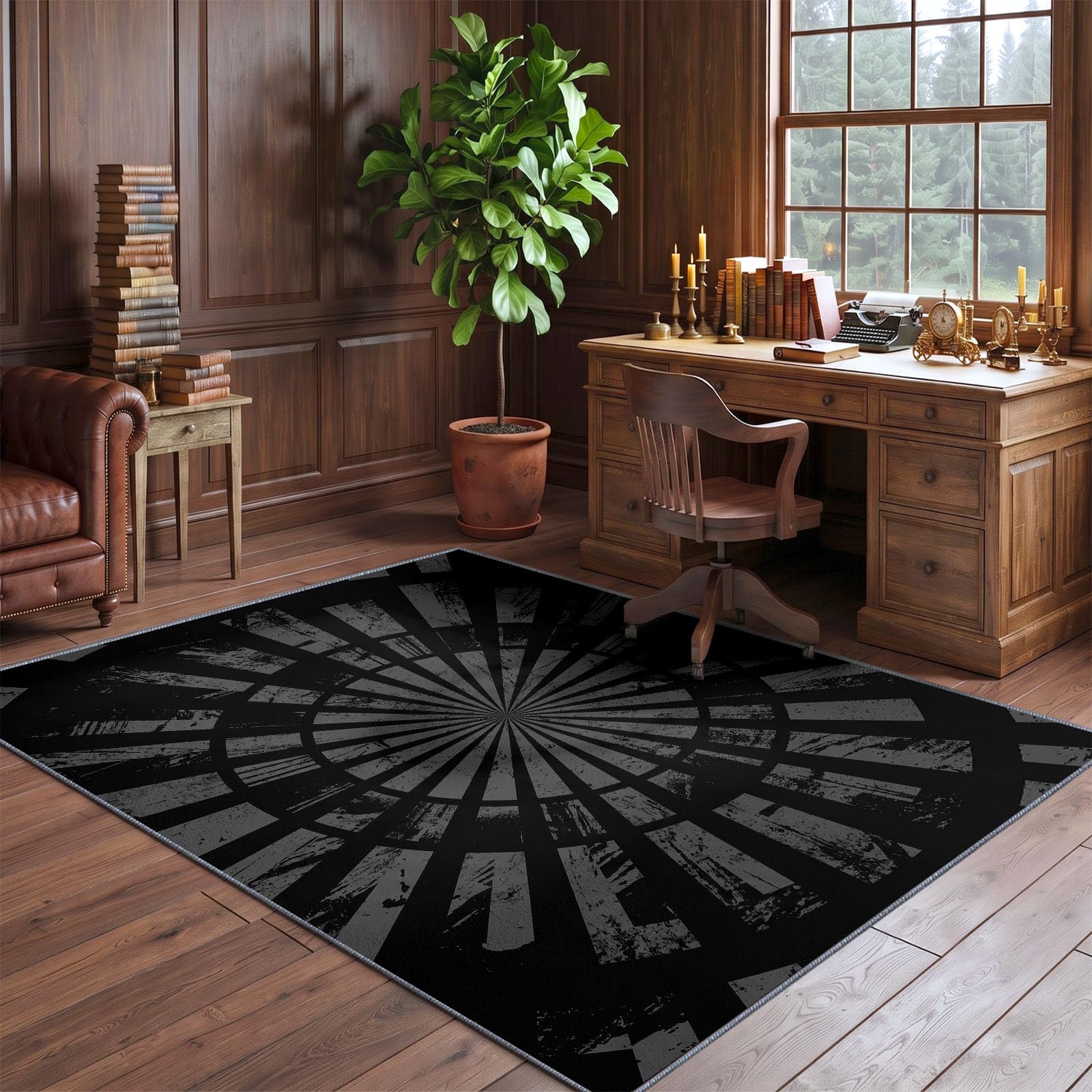 Noir Tapis Salon 140 x 200 cm, Minimaliste Lavable en Machine Tapis | Chambre Antidérapant, Abstrait Anneau Motif Rayonnant Tapise Bureau Salle a Manger, Doux Poil Ras Rug, Cuisine