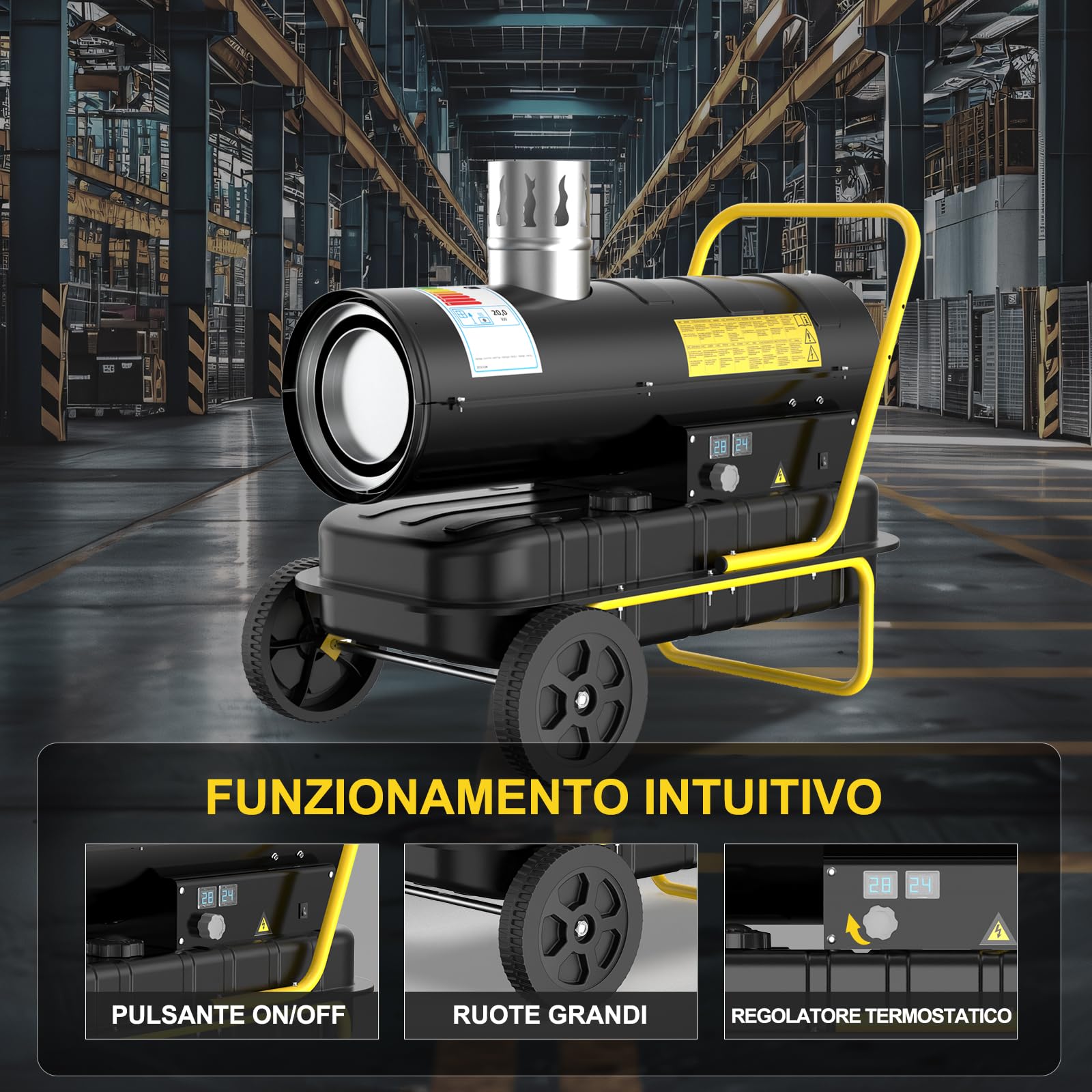 Riscaldatore Diesel Indiretto 20 kW - Termoventilatore Industriale - Serbatoio Grande Capienza 38L - Ruote, Termostato Regolabile - Per Officine, Cantieri, Uso Agricolo