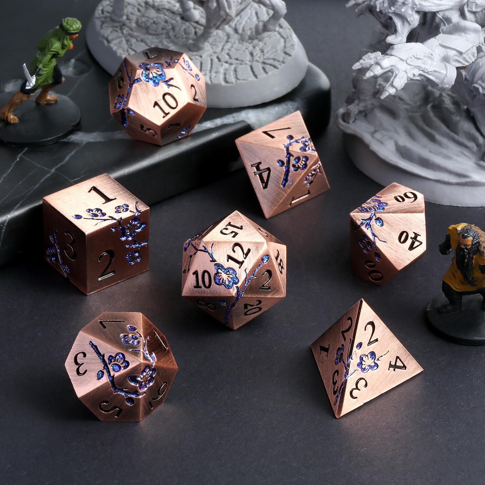 Metal Dice, 7 PCS Heavy Solid Metallic Flower DND Dice Set with Grogeous Gift Case for D&D Dungeons and Dragon Tabletop Game (Ancient Copper)