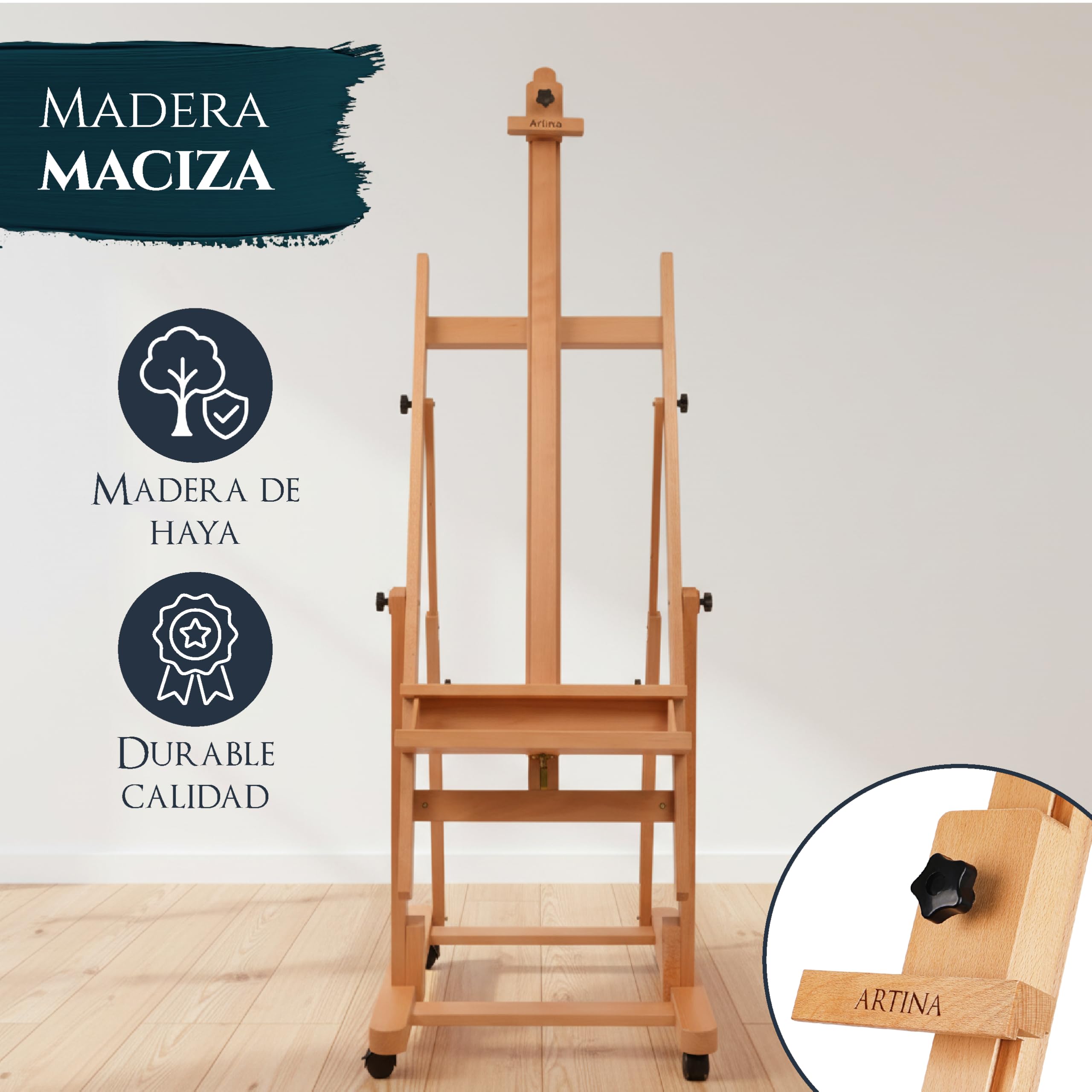 Artina caballete de pintura profesional de estudio con ruedas para lienzos | madera de haya maciza para hasta 210cm de horizontal plegable bastidor Verona