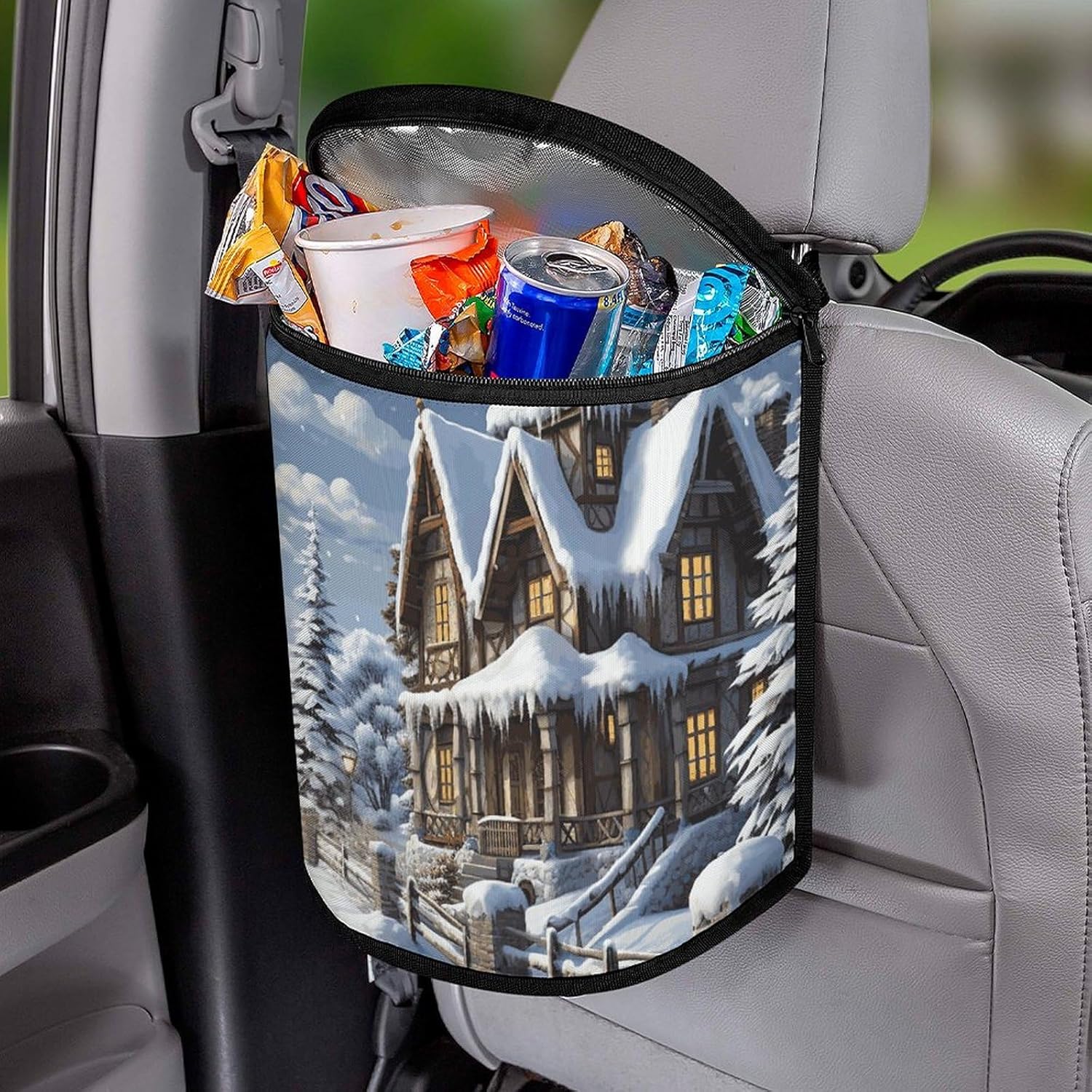 Hanging Car Trash Bag Christmas Winter Happy Scene Printed Car Garbage Storage Bag Leakproof Car Trash Can Portable Garbage Storage Bags