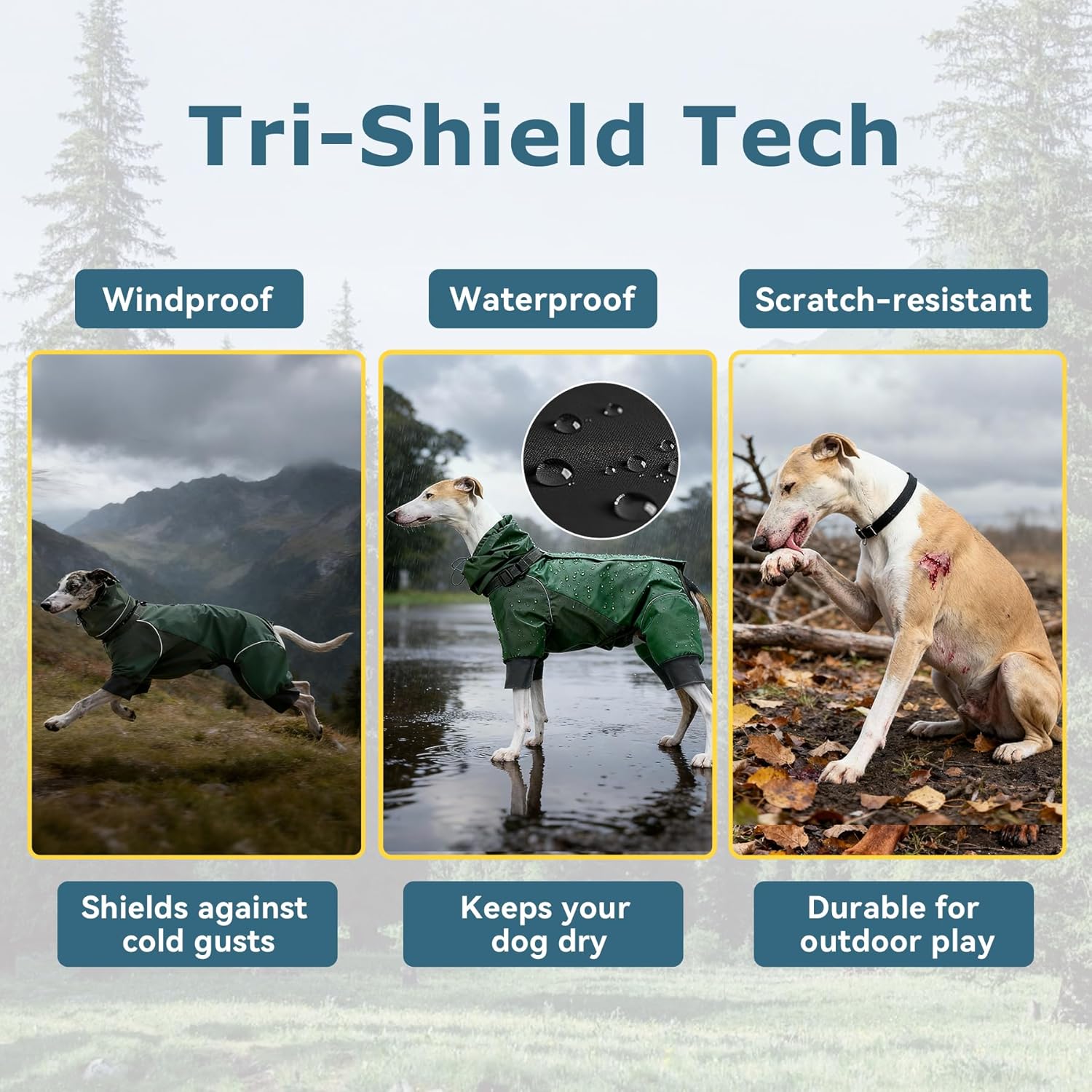 Dog Lightweight Raincoat Windbreaker, 4-in-1 Waterproof Windproof Windproof Snowproof Scratch-Resistant Outdoor Full Body Jacket Shell, Reflective Strips, Travel Dog Coat for Hiking, Green, M