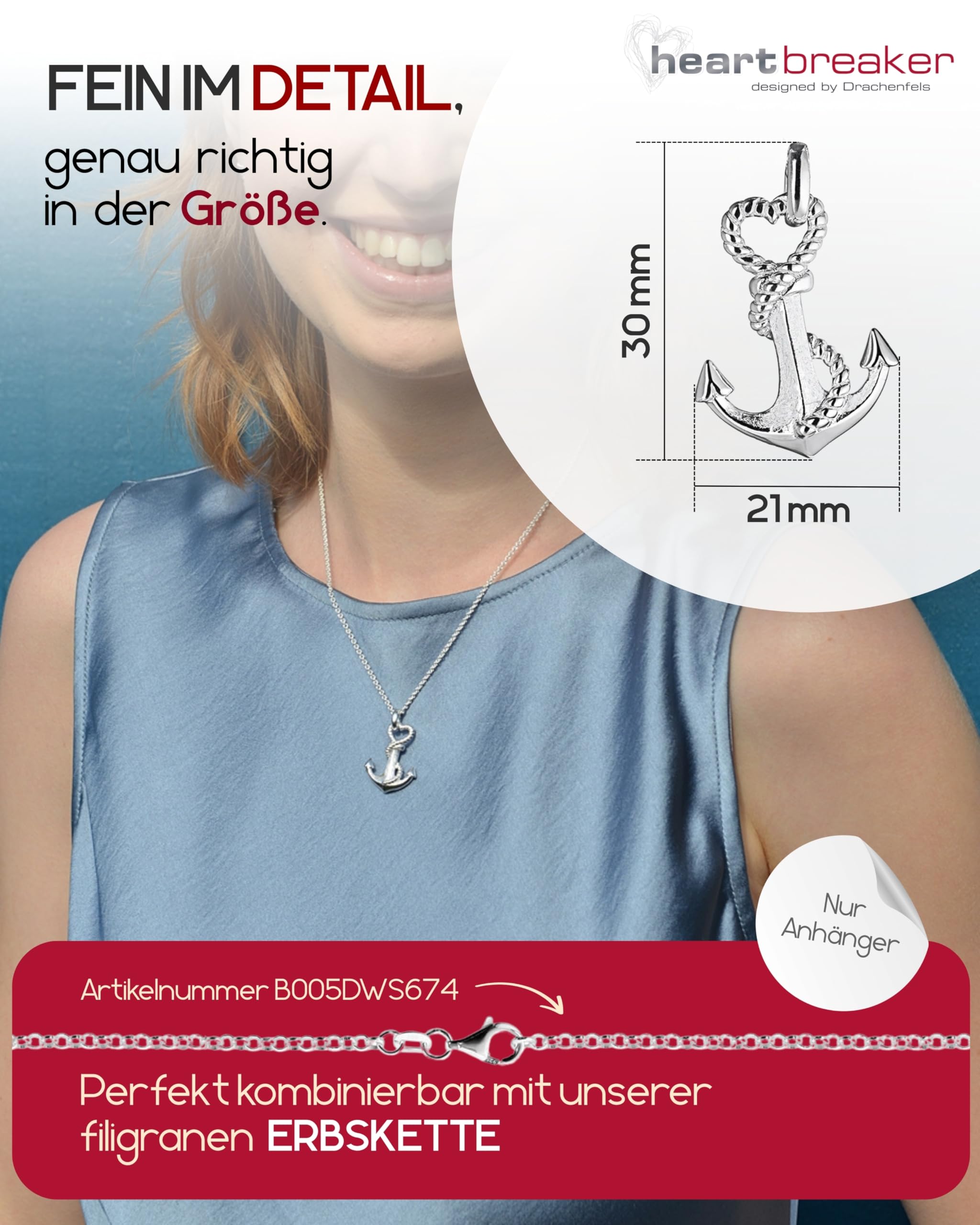 Heartbreaker "Seaside Anker-Anhänger I Edler Anhänger aus 925 Sterling Silber I Nickelfreier Kettenanhänger in Goldschmiedequalität I Hochwertiger Charm für Damen I LD SD 34