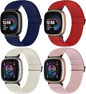 Bcuckood Compatible with Fitbit Versa 4/Versa 3/Fitbit Sense 2/Sense Band Women Men, 4 Pack Elastic Nylon Soft Adjustable Stretchy Solo Loop Replacement Strap for Fitbit Versa 4/Versa 3/Sense 2/Sense