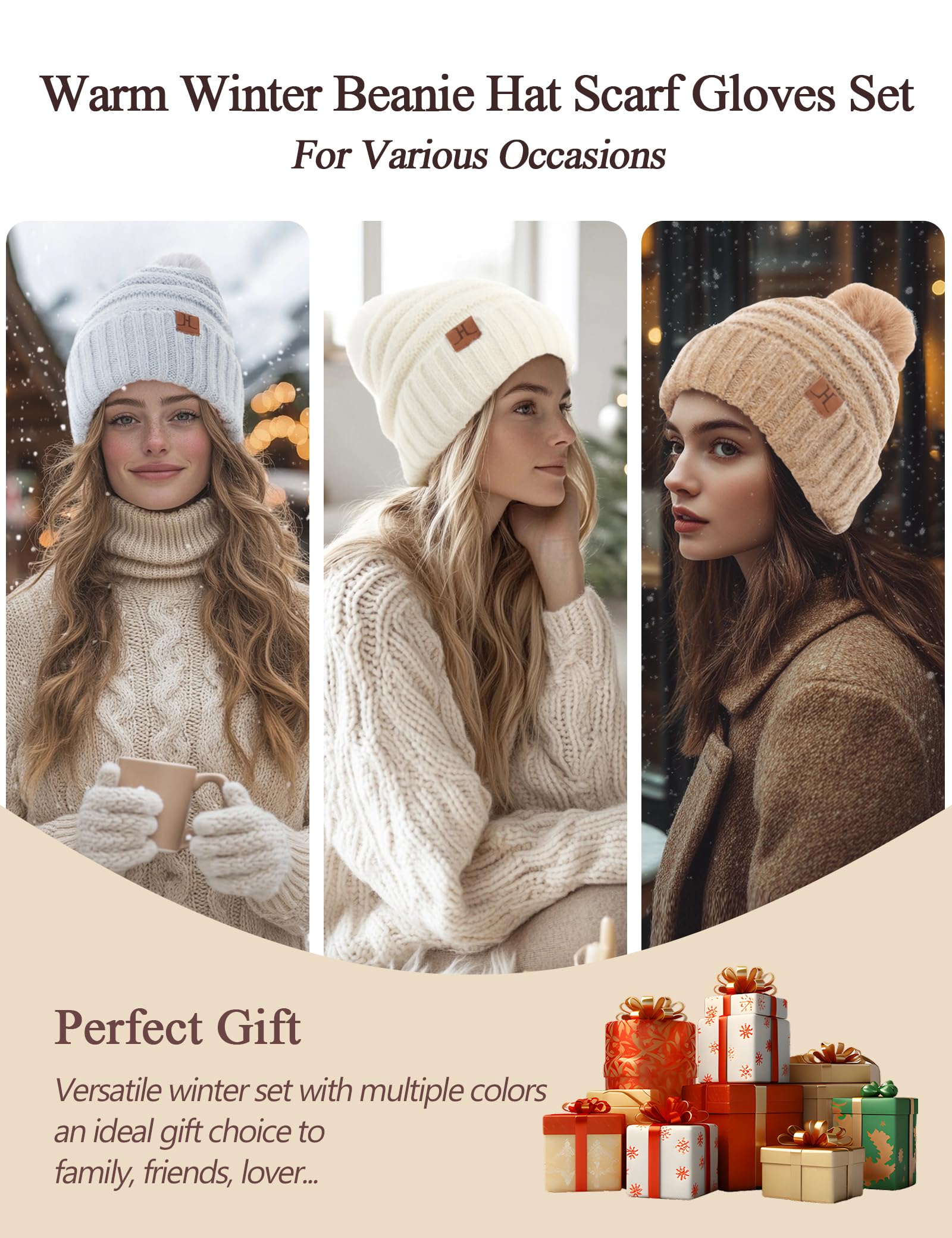 Juego de gorro, guantes y bufanda para mujer, sombreros de invierno con forro polar holgado con bufanda con pompón, guantes térmicos para pantalla táctil