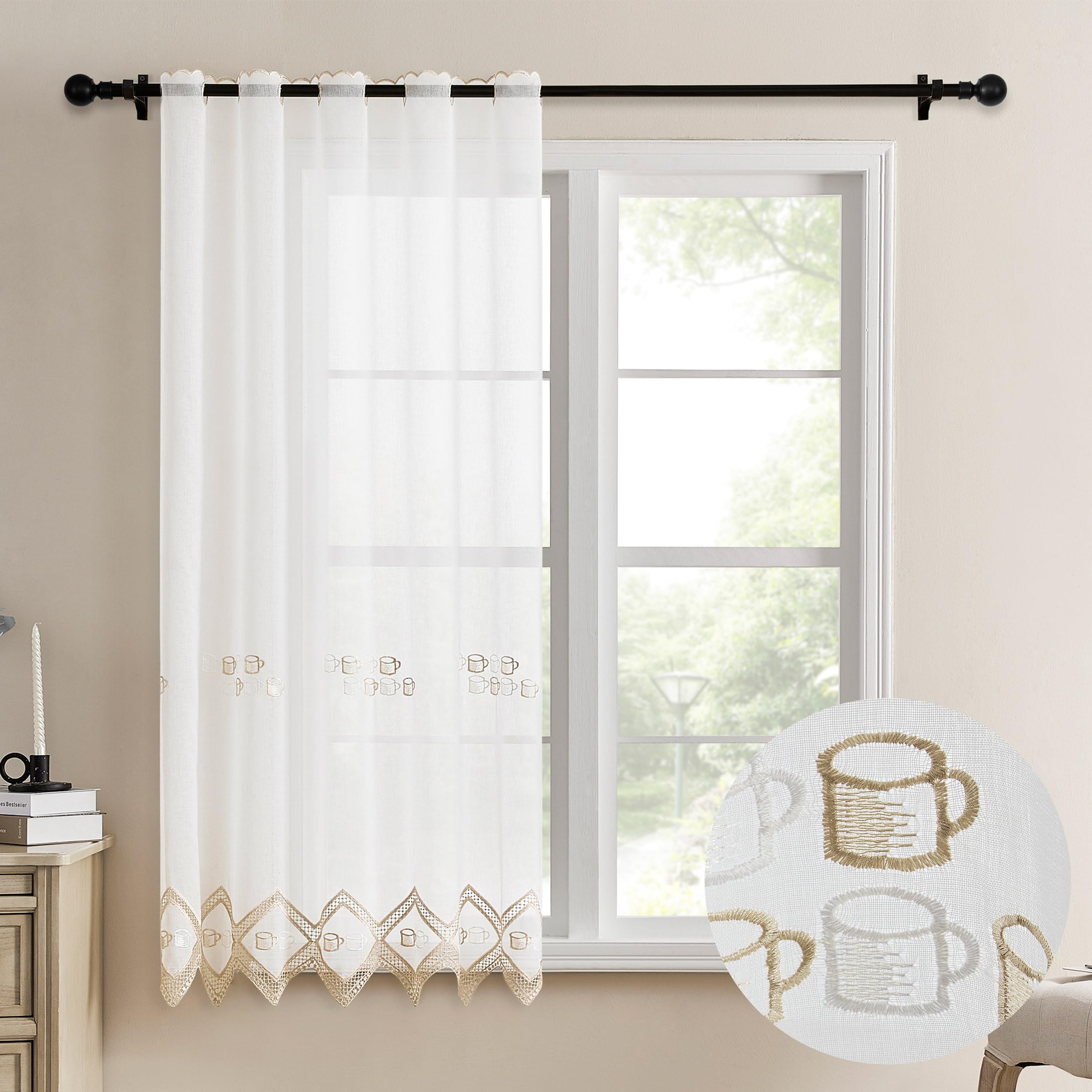 DALINA Textil - Cortina Cocina 105 x 140 cm, Visillo Cocina con Bordados Transparente un Panel 105 x 140 cm (Ancho por Largo), Taza de café