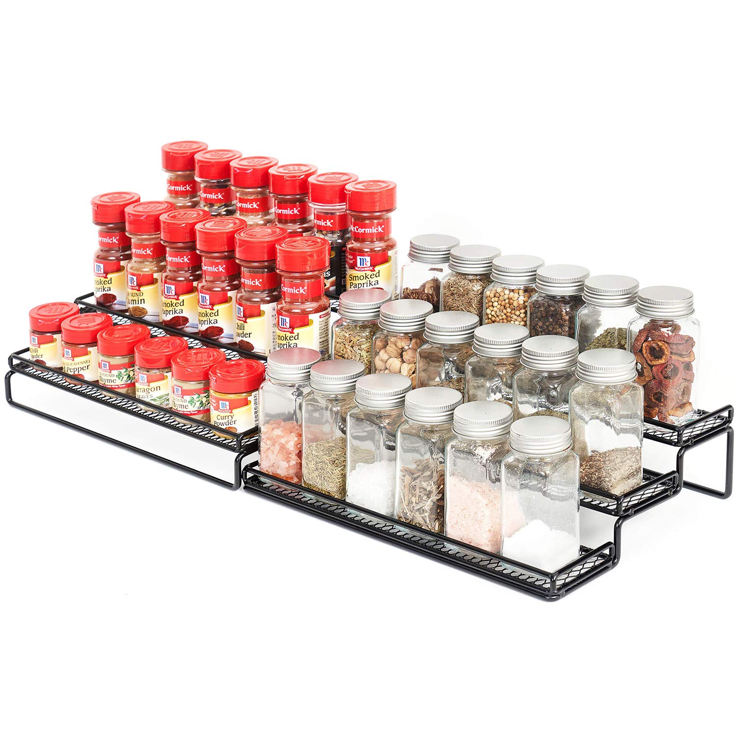 LUOOV Spice Rack for Inside Cupboard, 3-Tier Step Shelf Seasoning Organiser, Free Standing Kitchen Storage Unit, Black