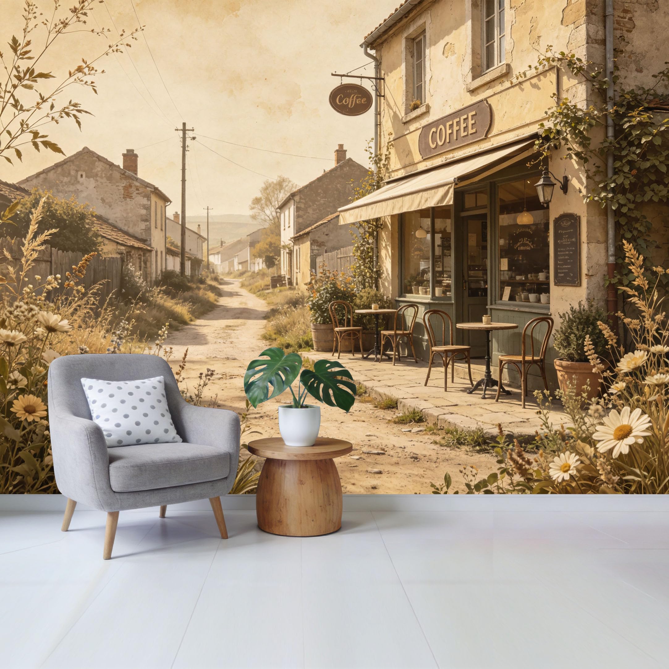 Qzlithotic Yq2605250460 Custom Size Wall Mural Vintage French Countryside Cafe Street Scene Oil Painting Style Selfadhesive Wall Fabric Removable Wallpaper For Home Office Decor