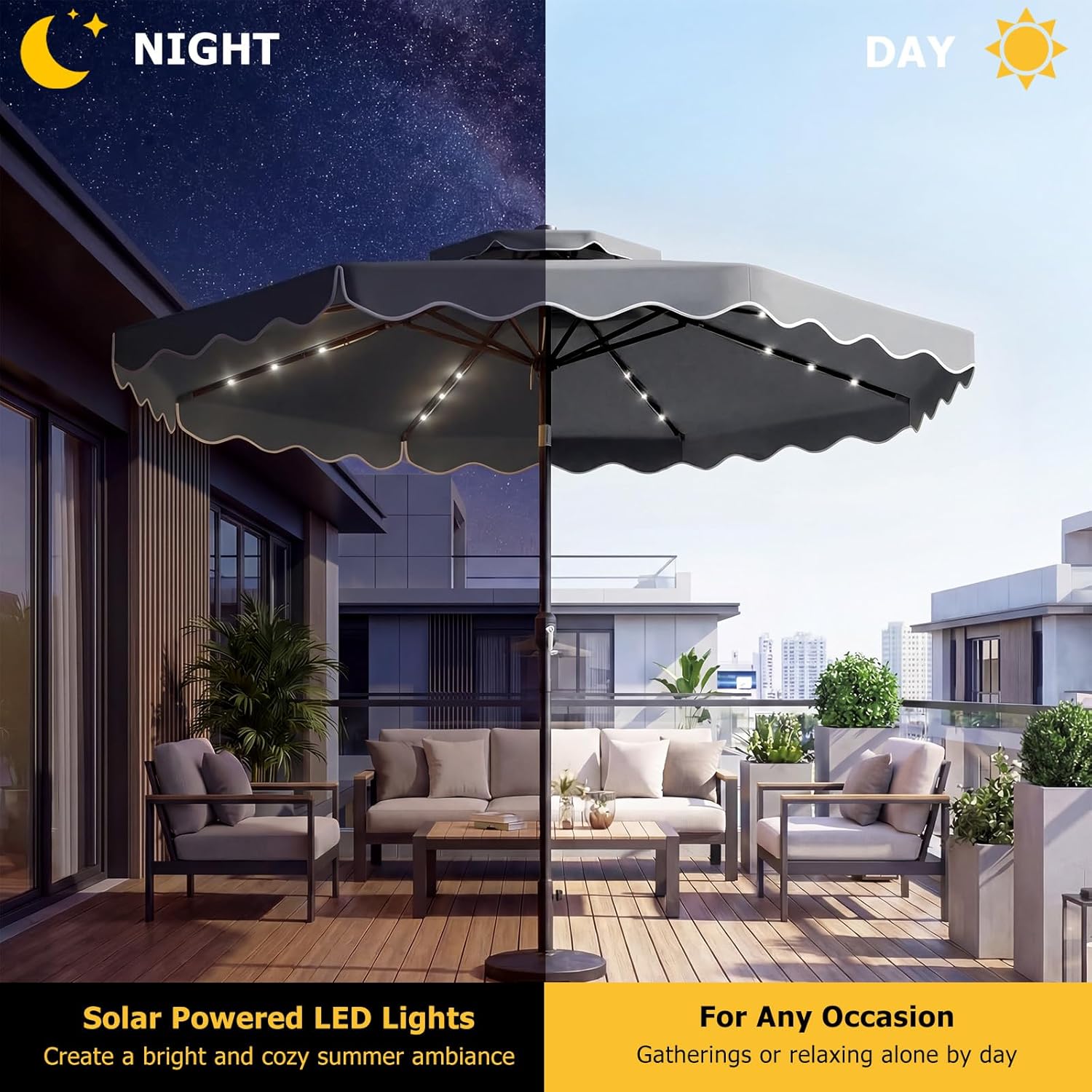 Split image showing the umbrella with LED lights on at night and off during the day.