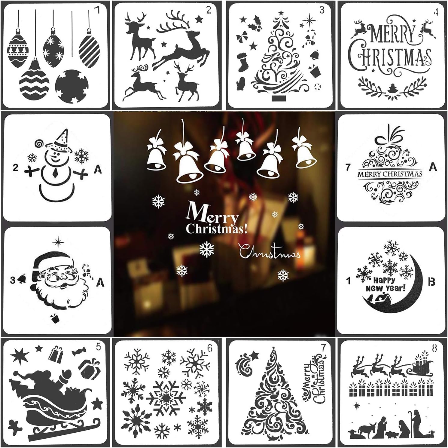 Christmas Stencils Templates 12 Pack Merry Chrismas, Stanta Claus, Snowflakes, Balls, Trees, Reindeers, Gift Boxes Xmas Holiday Craft Party Decorations 5"x5" (12 Pack Christmas Sencils)