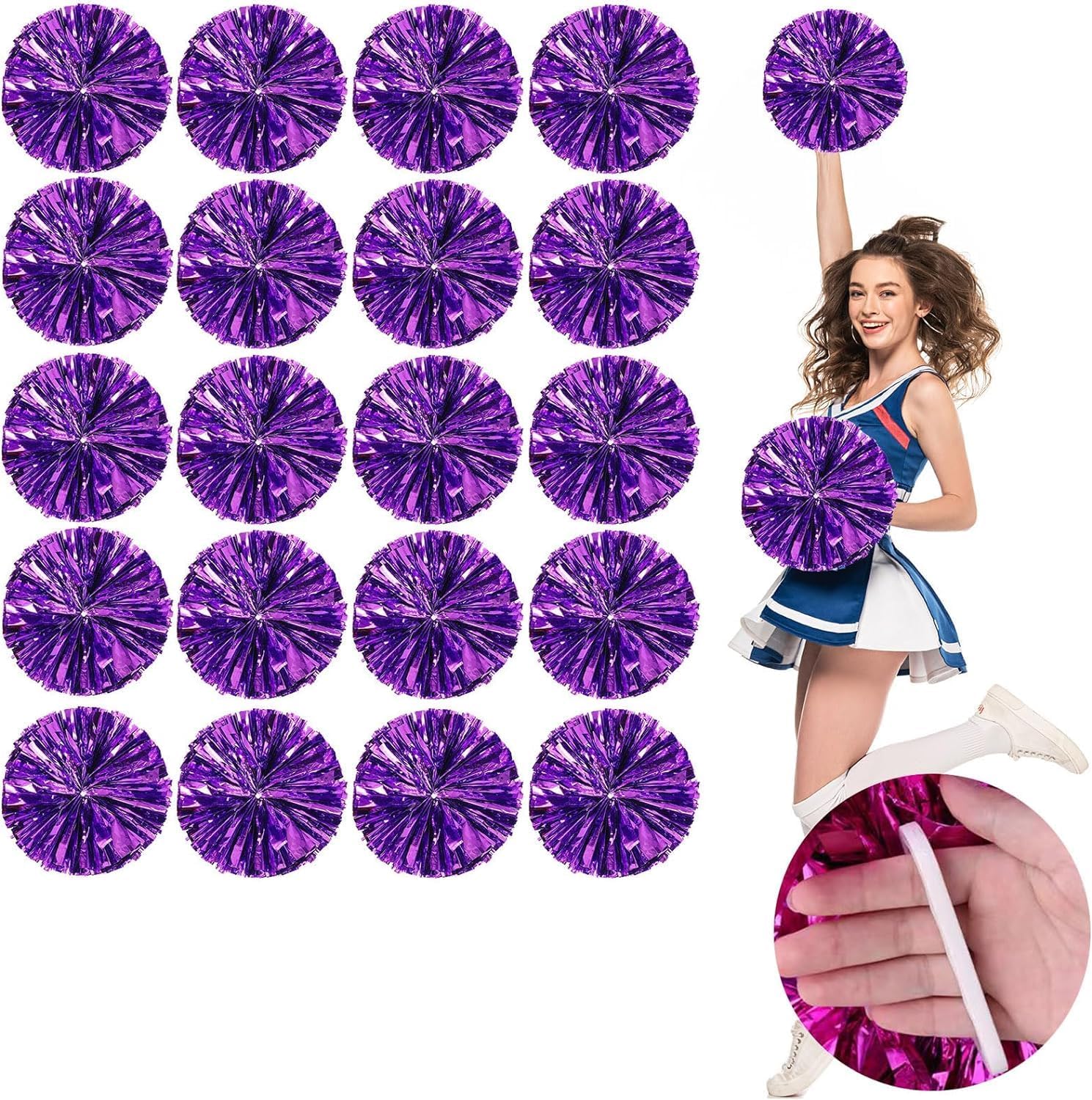 Metallic Cheerleading Pom Poms, 20Pcs Cheer Pom Pom,Cheerleaders Cheer Pom Poms with Baton Handle, Cheering Squad Hand Flower