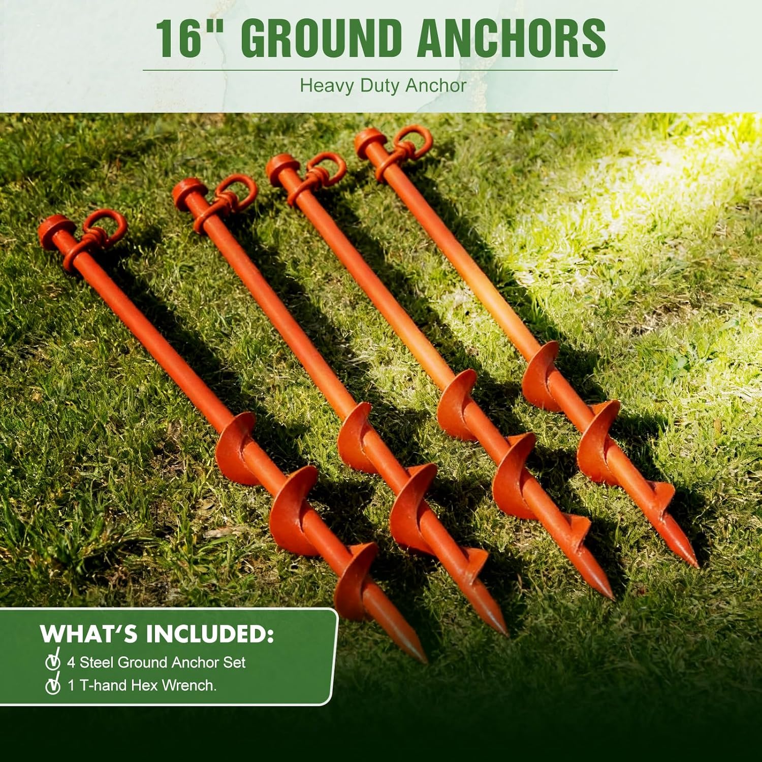 Hiboom 4 Pcs Ground Anchors with T Handle Hex Wrench Trampoline Hook, Ground Anchor Screw in Kit, Inflatable Outdoor Decorations Accessories for Camping Tents Car Ports Canopies (Orange,16 Inch)